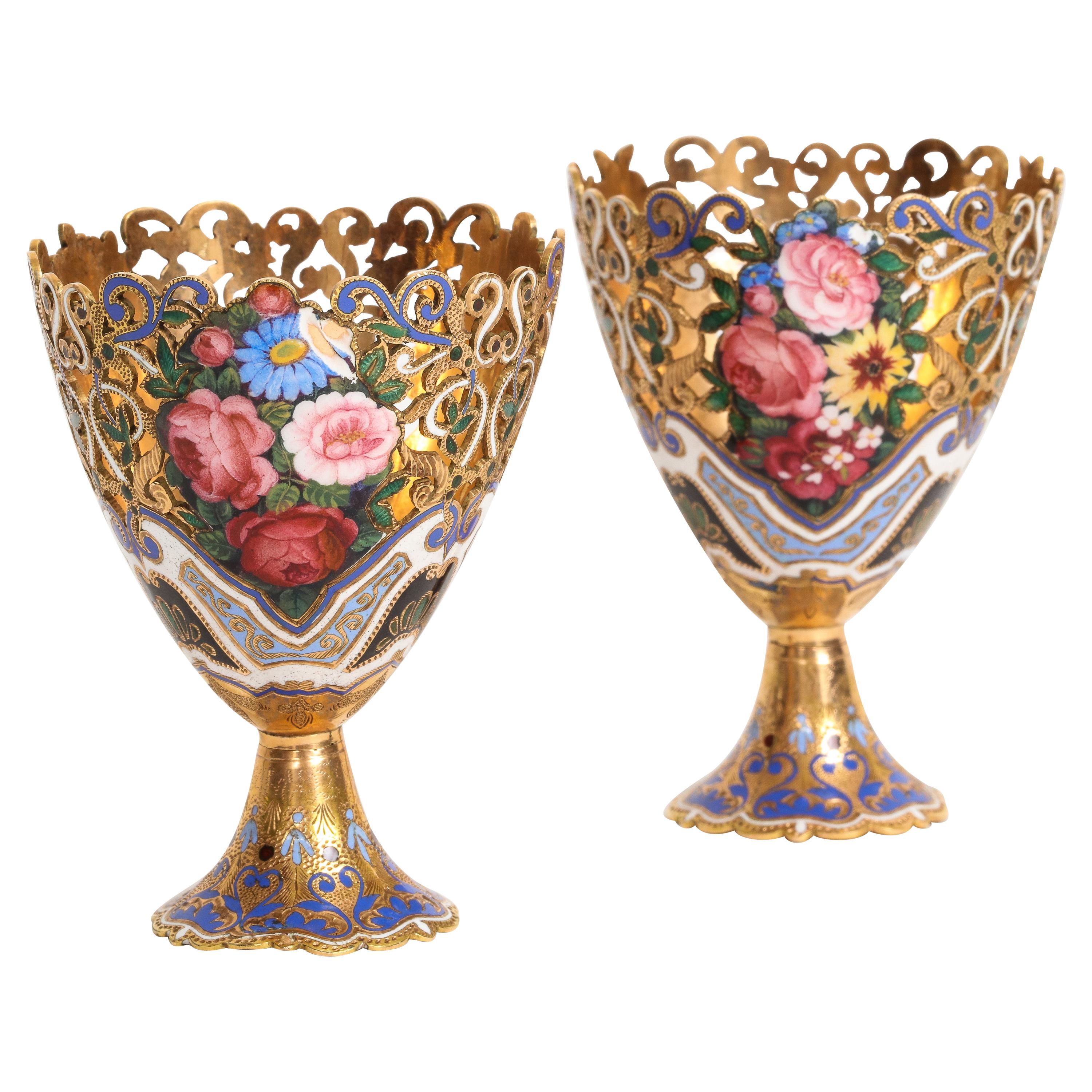 Museum Quality Pair of Gold and Enamel Zarfs For Sale