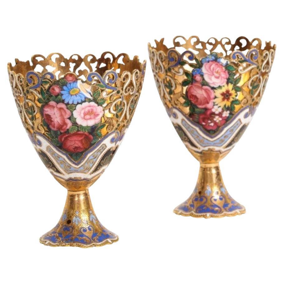 Museum Quality Pair of Gold and Enamel Zarfs For Sale