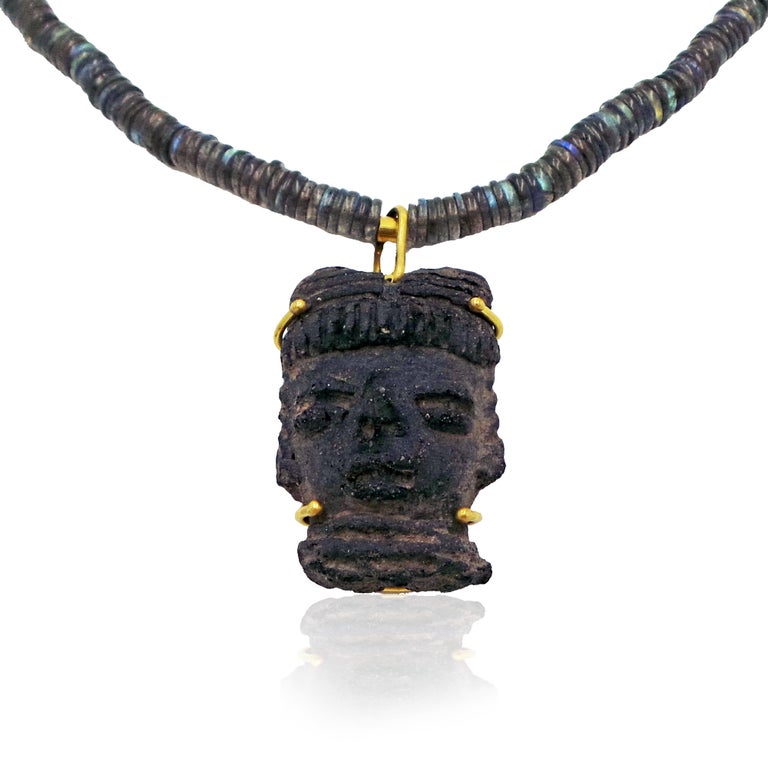 Pre-Columbian Carved Stone Head on Labradorite Beaded Necklace For Sale ...