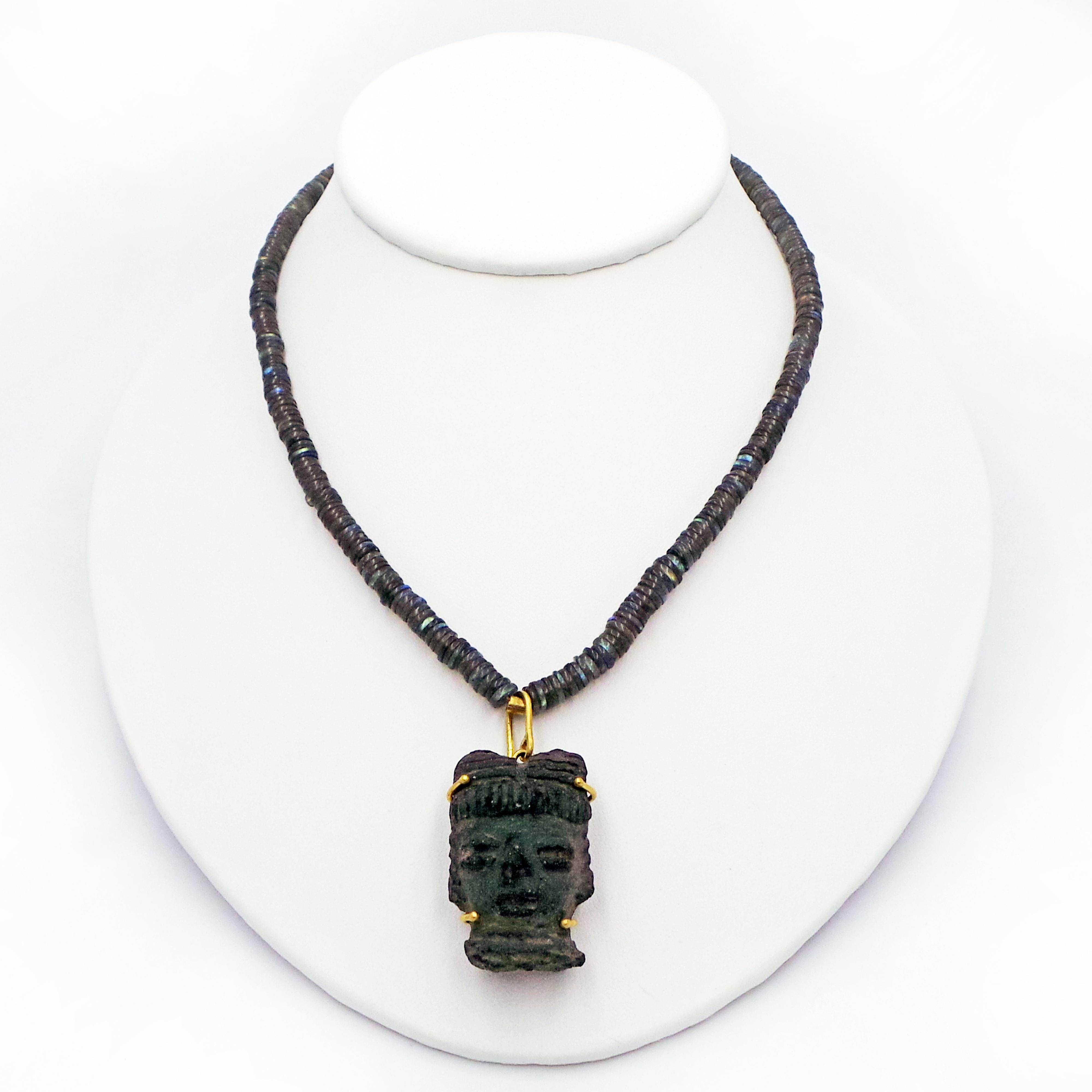 Pre-Columbian Carved Stone Head on Labradorite Beaded Necklace 1