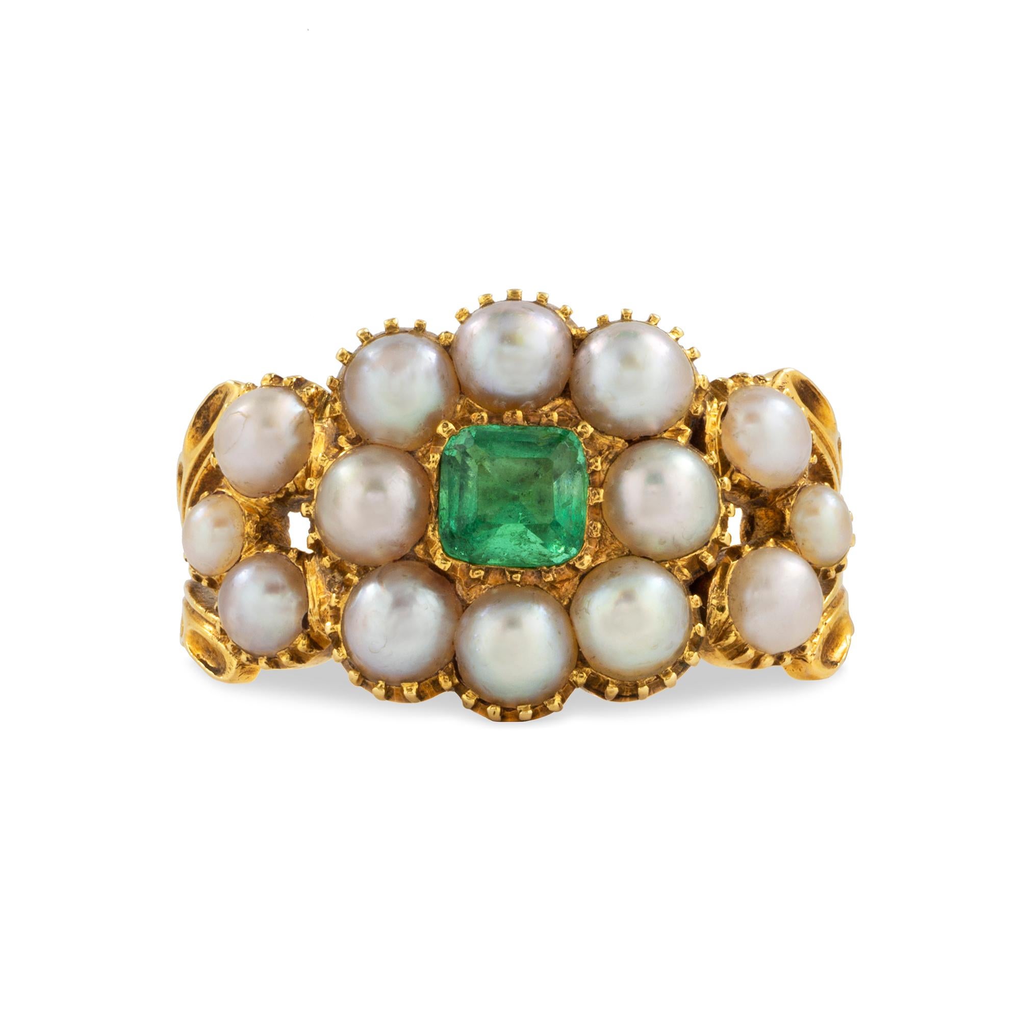 Museumsqualität Regency Perle Smaragd Gold Cluster Ring (Smaragdschliff)
