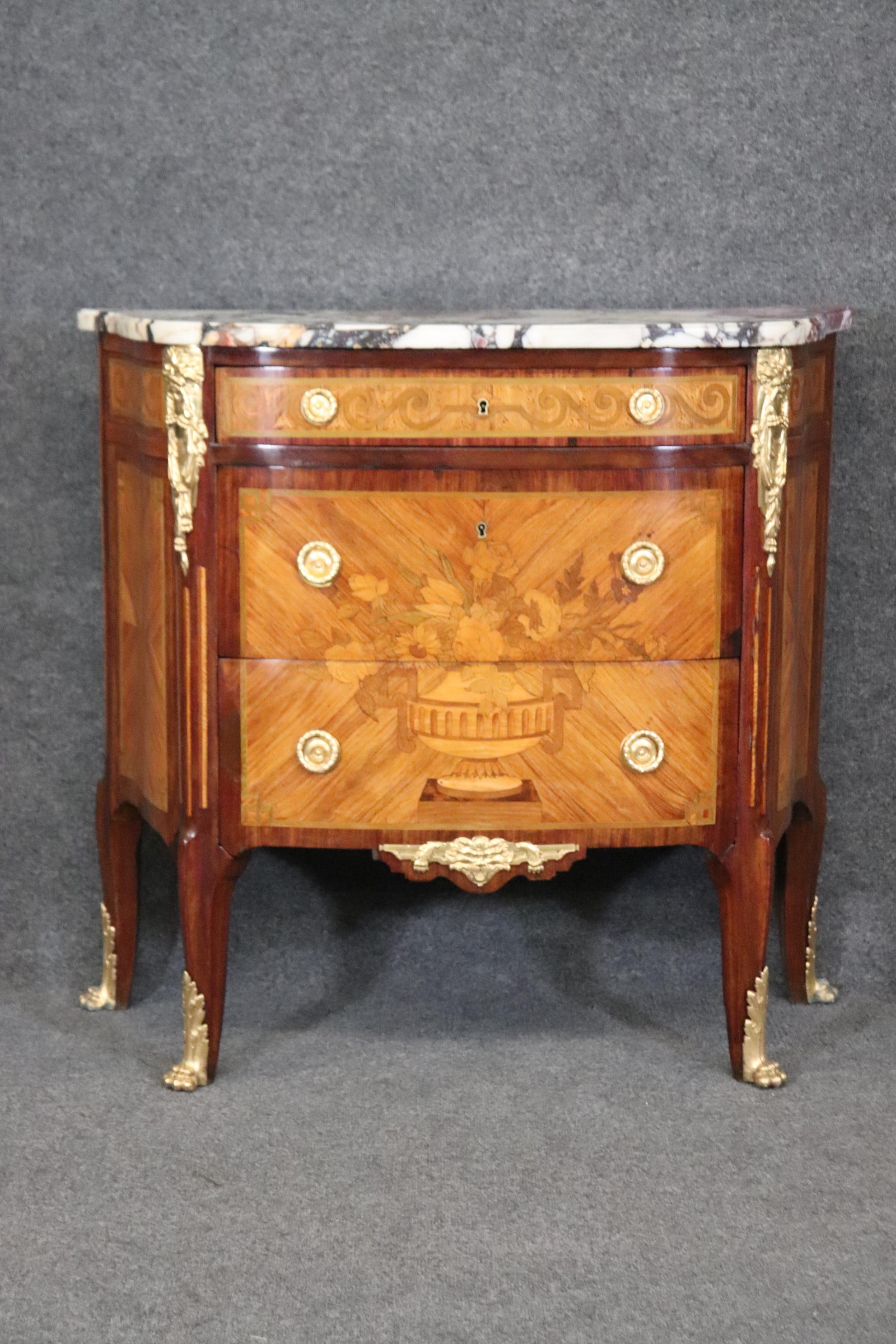 Museum Quality Restored 19th Century Inlaid Marble Top Louis XV Bronze Commode For Sale 1