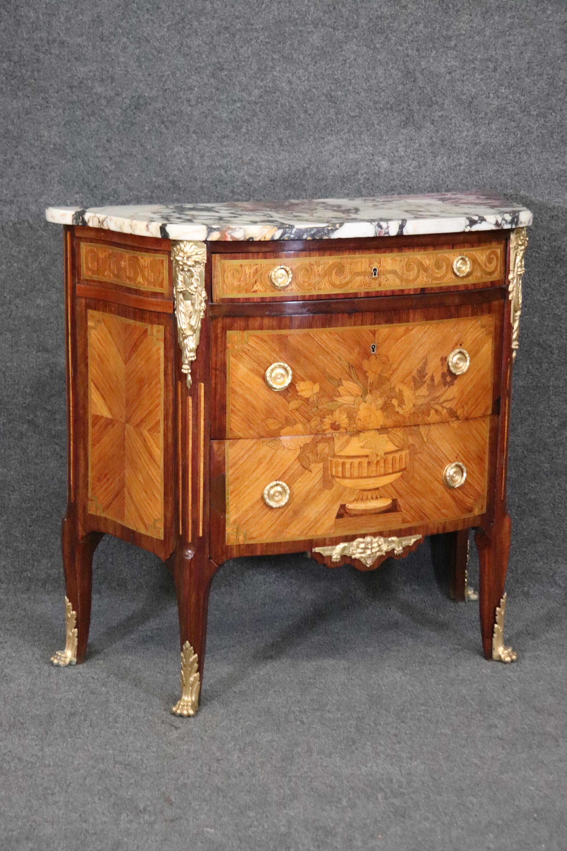Museum Quality Restored 19th Century Inlaid Marble Top Louis XV Bronze Commode For Sale 4
