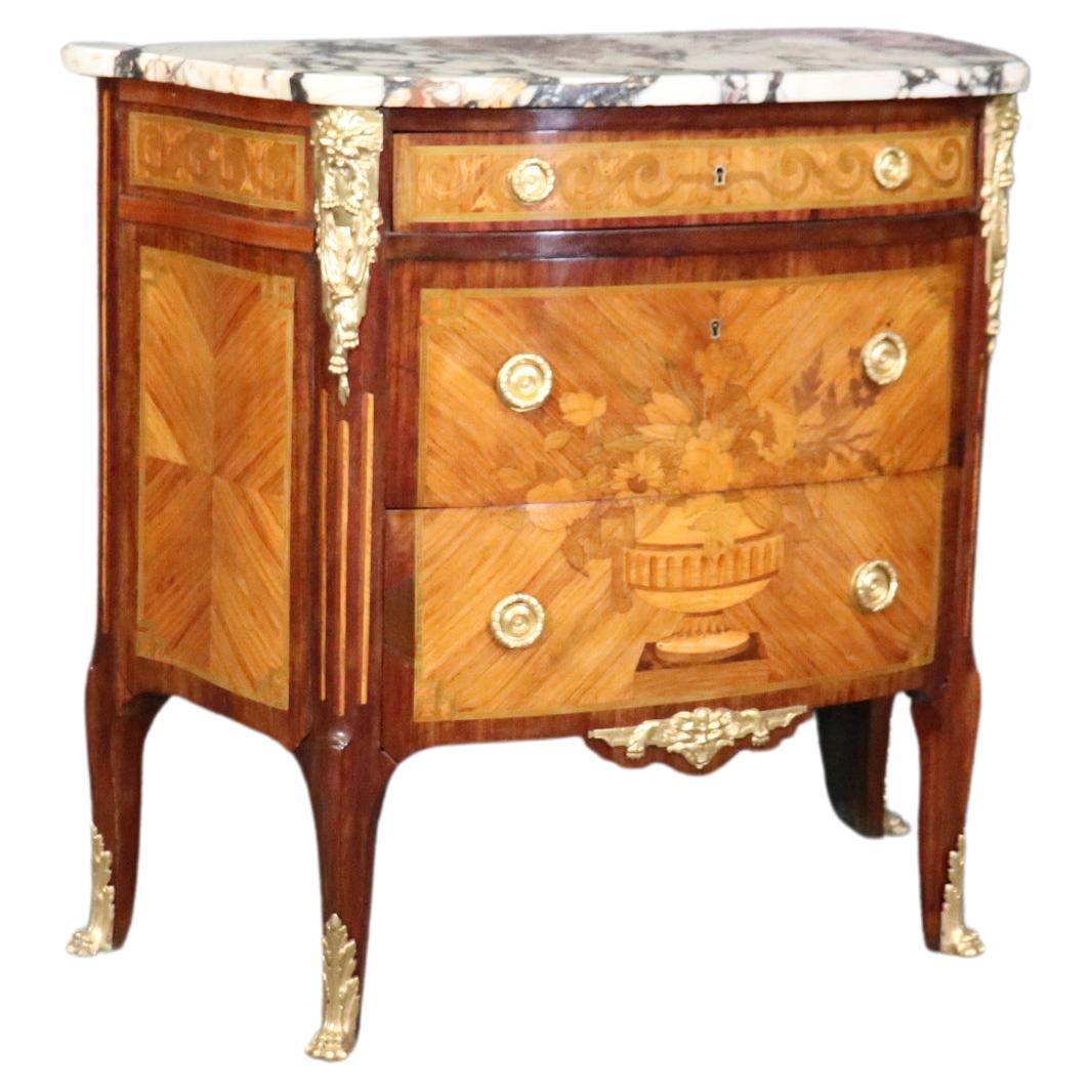 Museum Quality Restored 19th Century Inlaid Marble Top Louis XV Bronze Commode For Sale