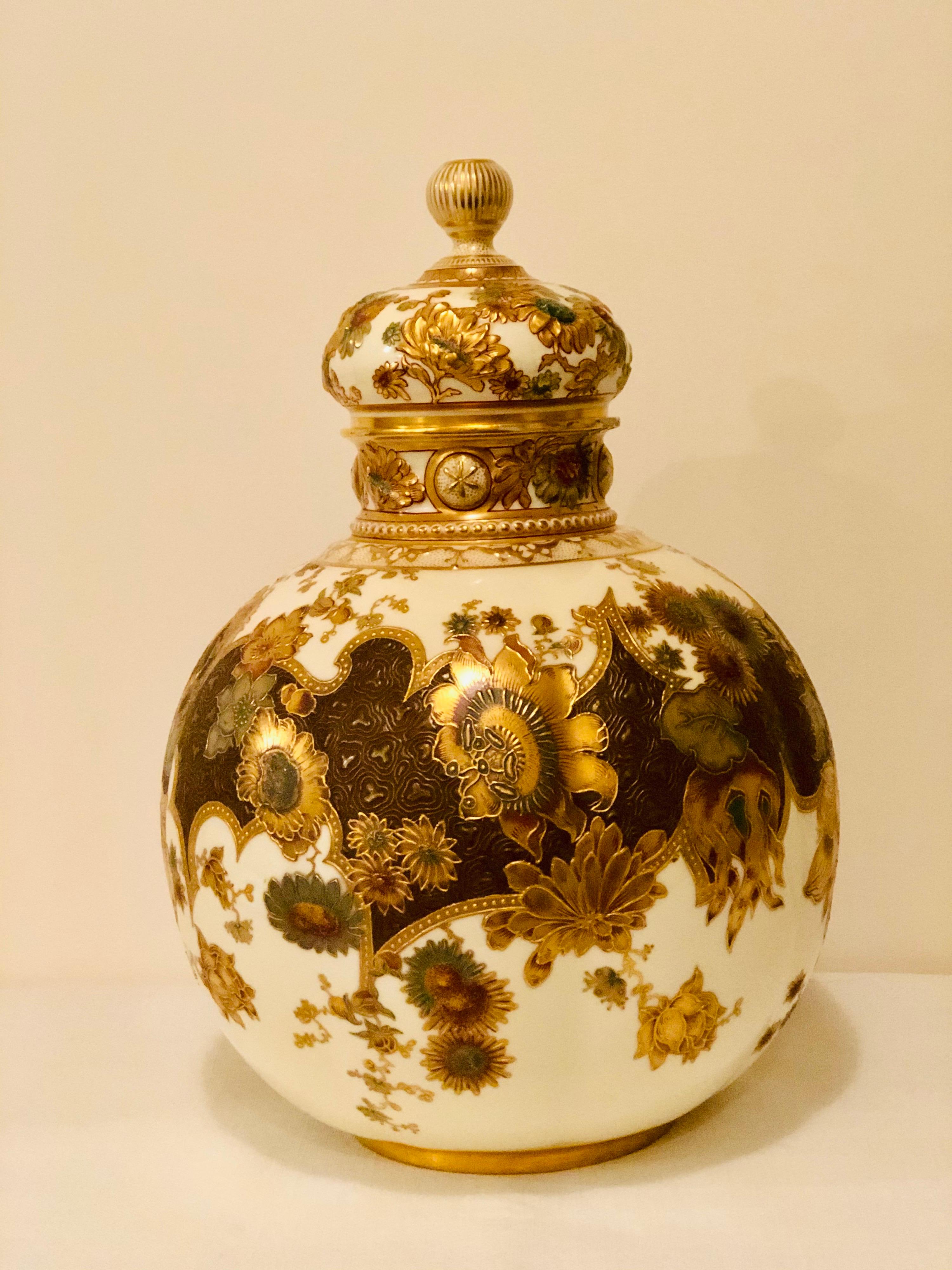 Porcelain Museum Quality Royal Crown Derby Urn with Raised Gold and Flower Decorations