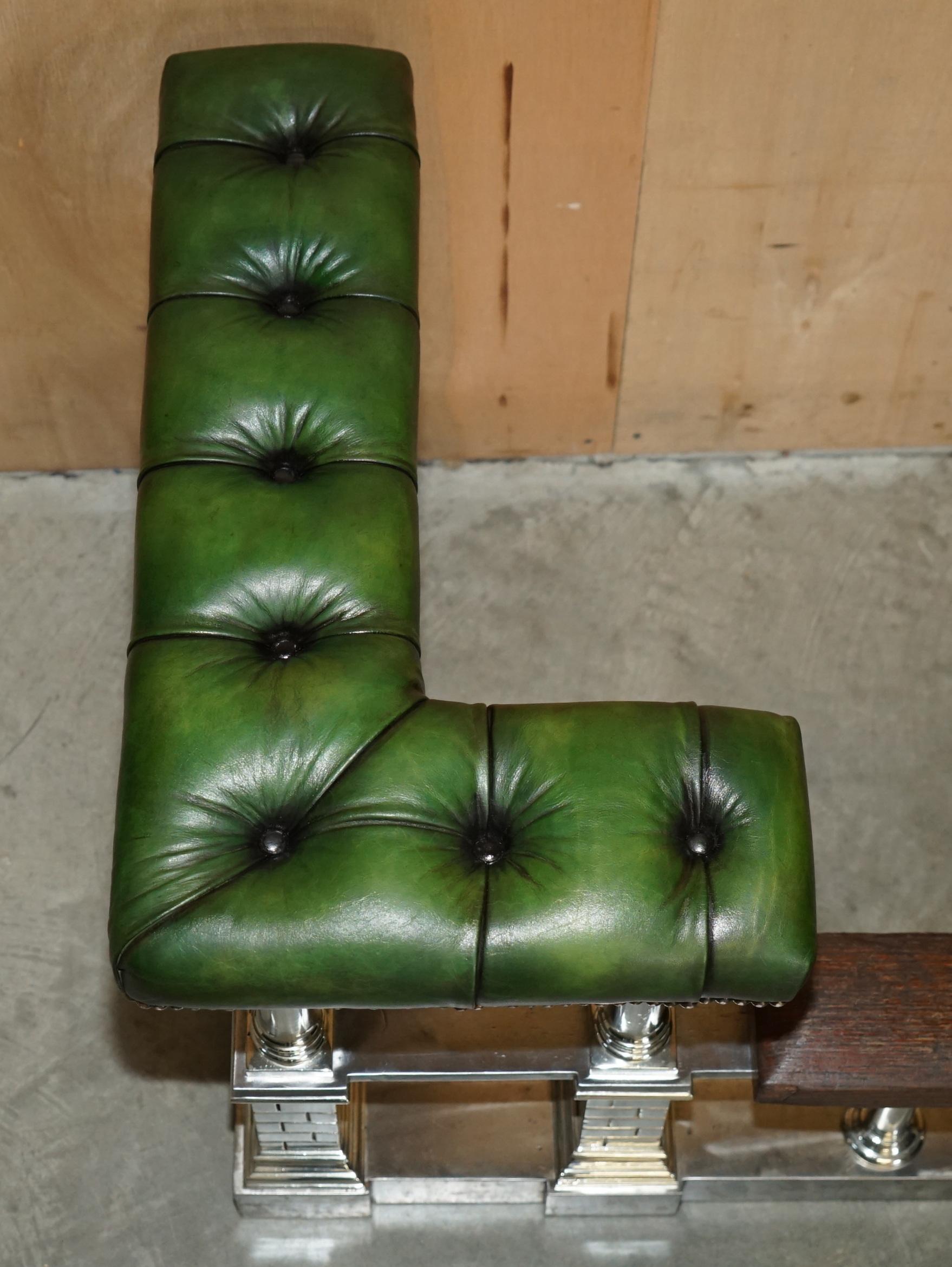 MUSEUM QUALITY ViCTORIAN CHROME CASTLE GREEN LEATHER CHESTERFIELD CLUB FENDER For Sale 4