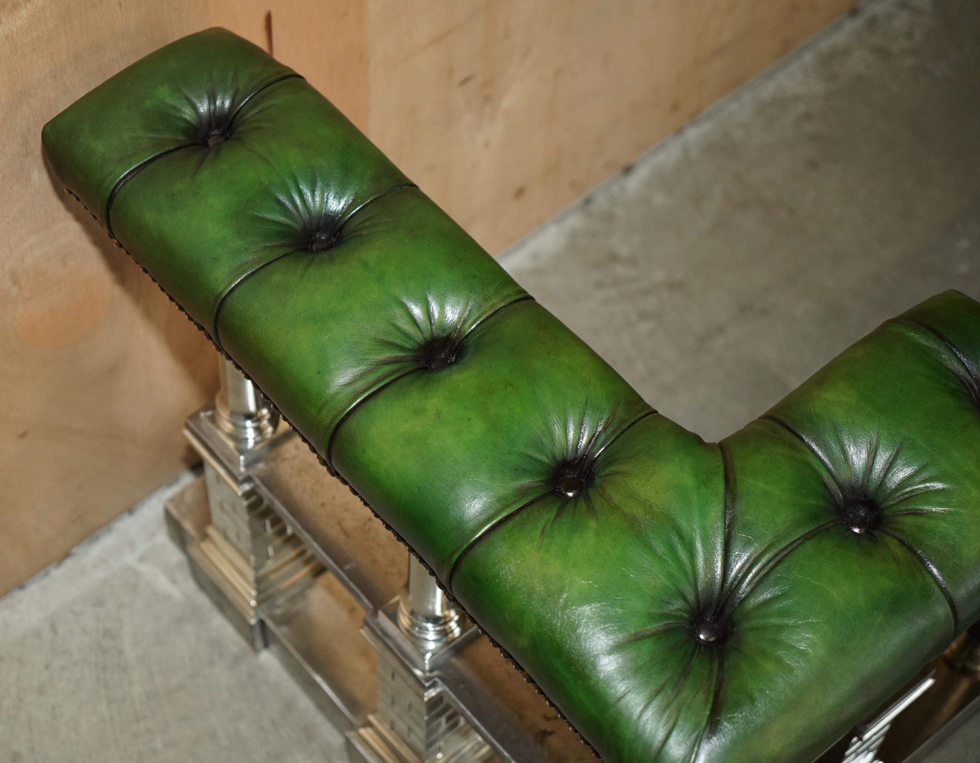 MUSEUM QUALITY ViCTORIAN CHROME CASTLE GREEN LEATHER CHESTERFIELD CLUB FENDER For Sale 5