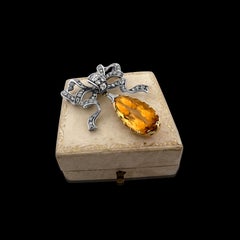 Museum-Quality Victorian Portuguese Diamond Ribbon Brooch w/ 17ct Imperial Topaz
