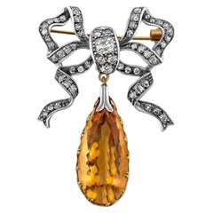 Museum-Quality Victorian Portuguese Diamond Ribbon Brooch w/ 17ct Imperial Topaz