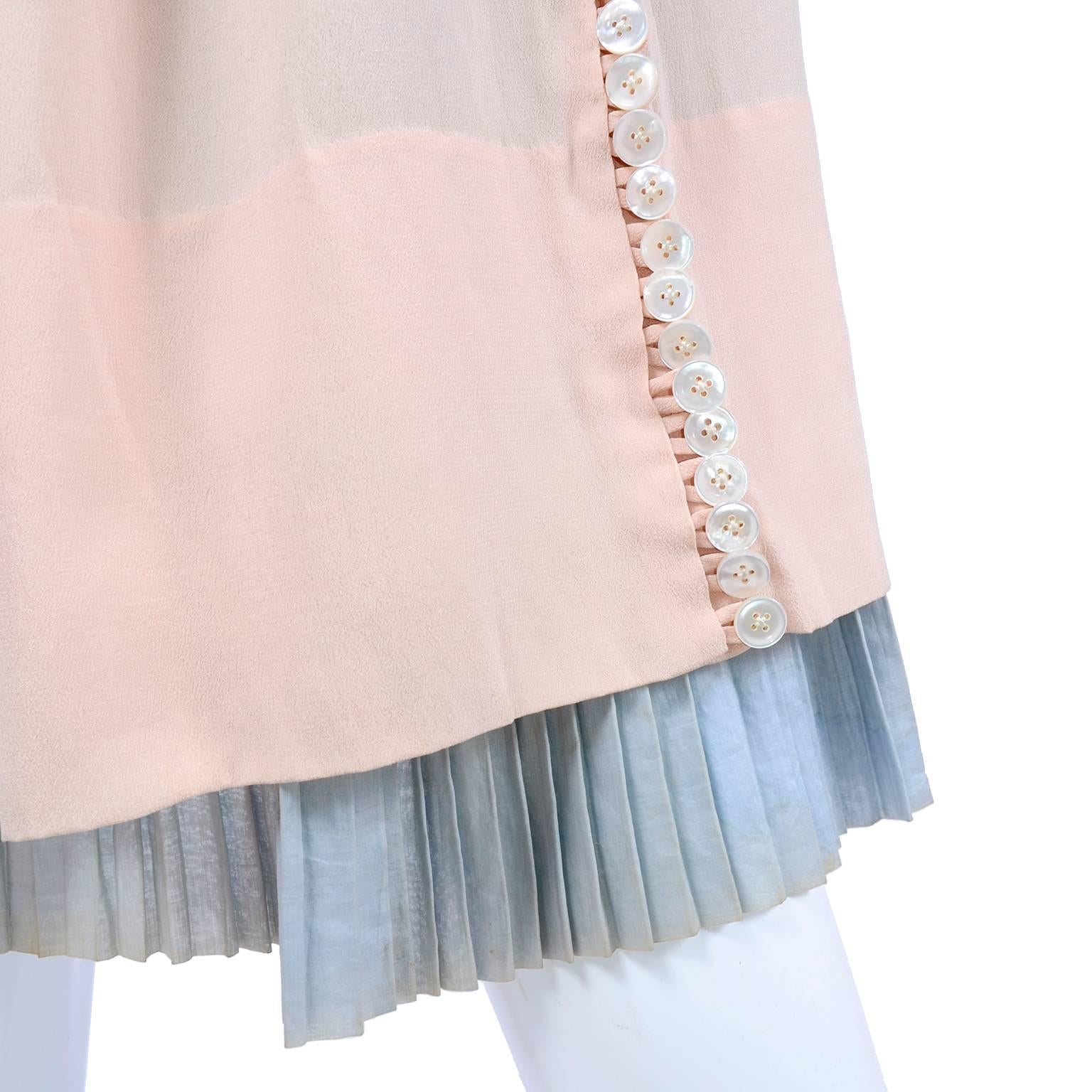 Beige Harry Collins Vintage Blue and Pink Edwardian Dress with Mother of Pearl buttons