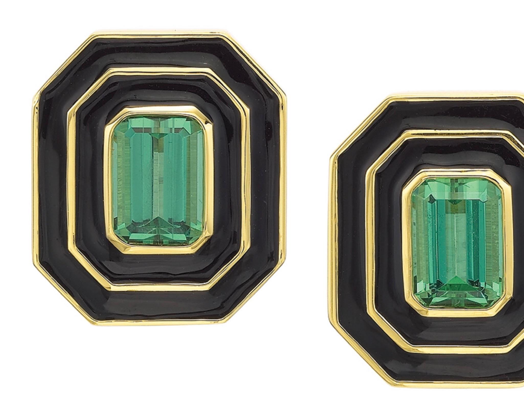 A very chic pair of Green Tourmaline earrings in 18k Yellow Gold with Black Enamel. 3.04 ctw of Brazilian Green Octagon cut tourmalines from the Golconda mines. These stones were cut in Idar-Oberstein Germany to ensure the cut complimented such