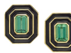 3.04 Carat Brazilian Green Tourmaline Black Enamel Stud Earrings Art Deco, 18Kt