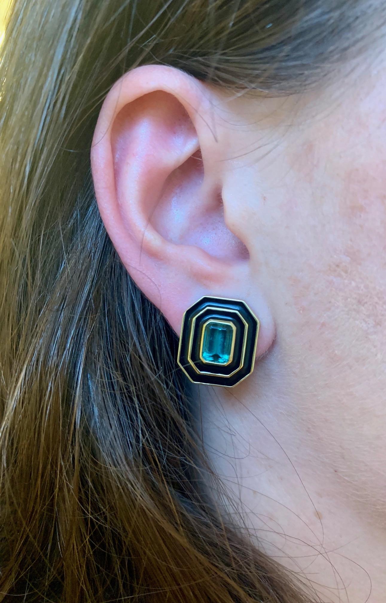 Emerald Cut Museum Series Green Tourmaline and Black Enamel Earrings by Andrew Glassford For Sale