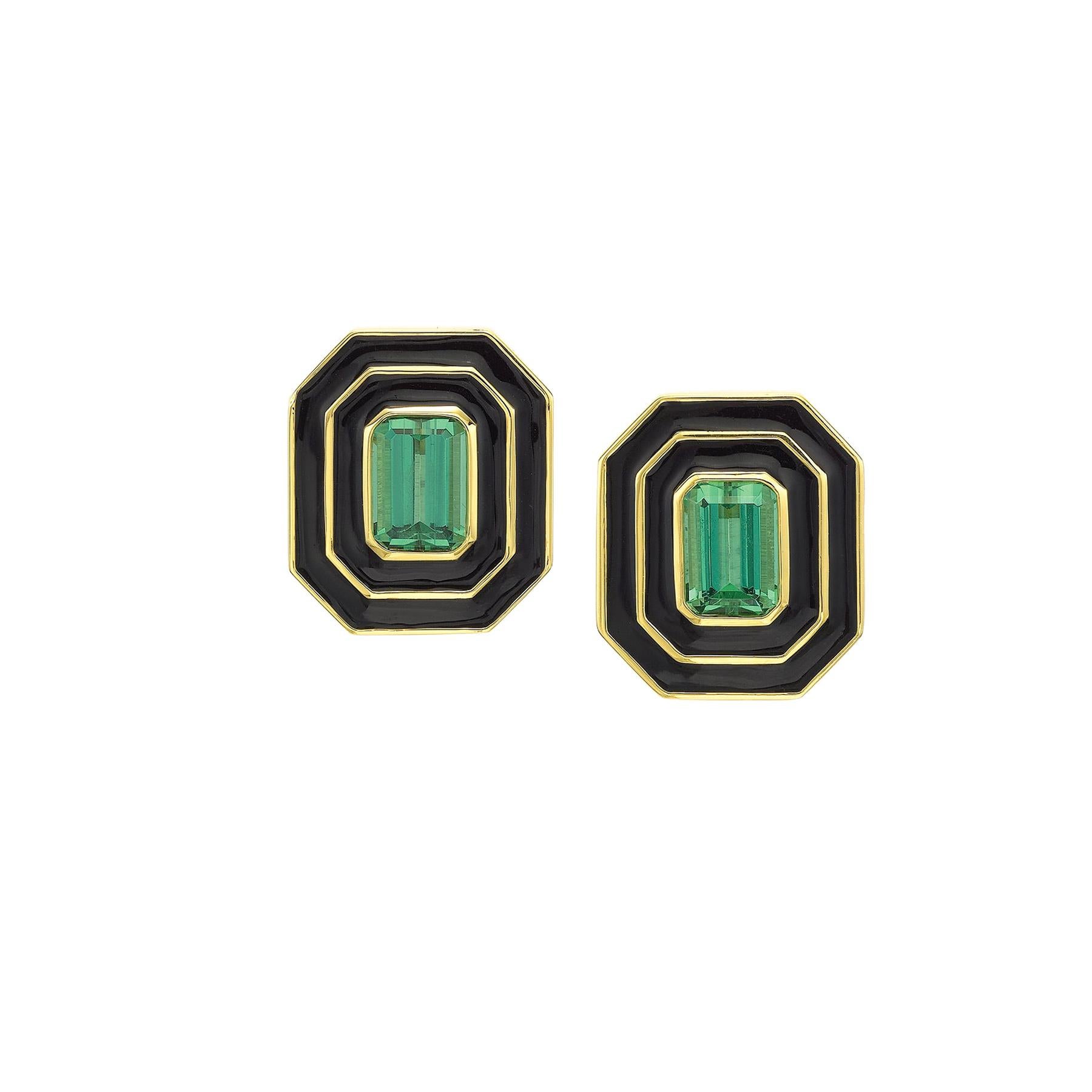 Museum Series Green Tourmaline and Black Enamel Earrings by Andrew Glassford For Sale