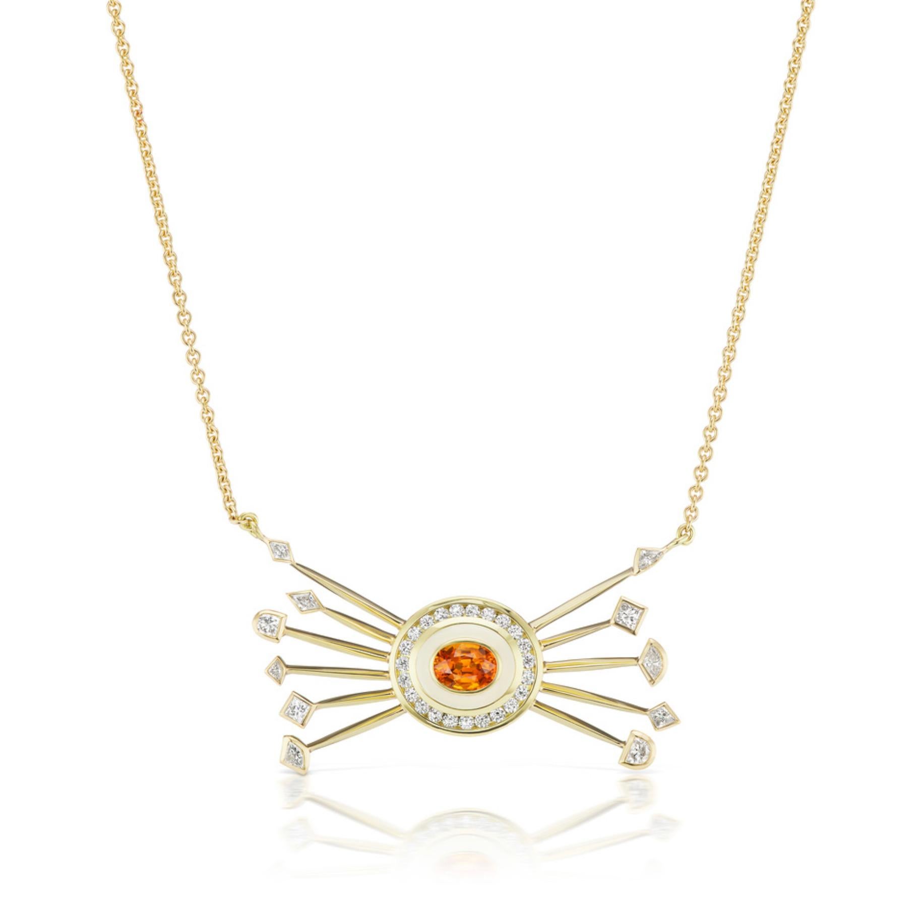 Andrew Glassford's evolution of his Museum Series comes in the form of his Satellite necklace. A vivid 1.84 carat oval Orange Sapphire surrounded by cream enamel and .58 carats of round brilliant GH VSI diamonds. Radiating from the center are 11