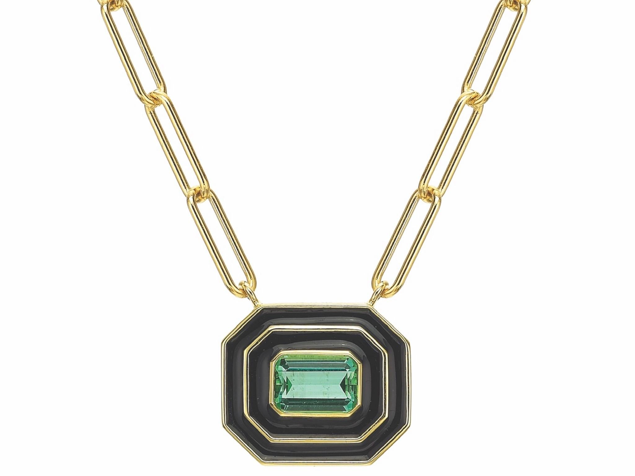 Emerald Cut Green Brazilian Tourmaline and Black Enamel Necklace in 18K Yellow Gold