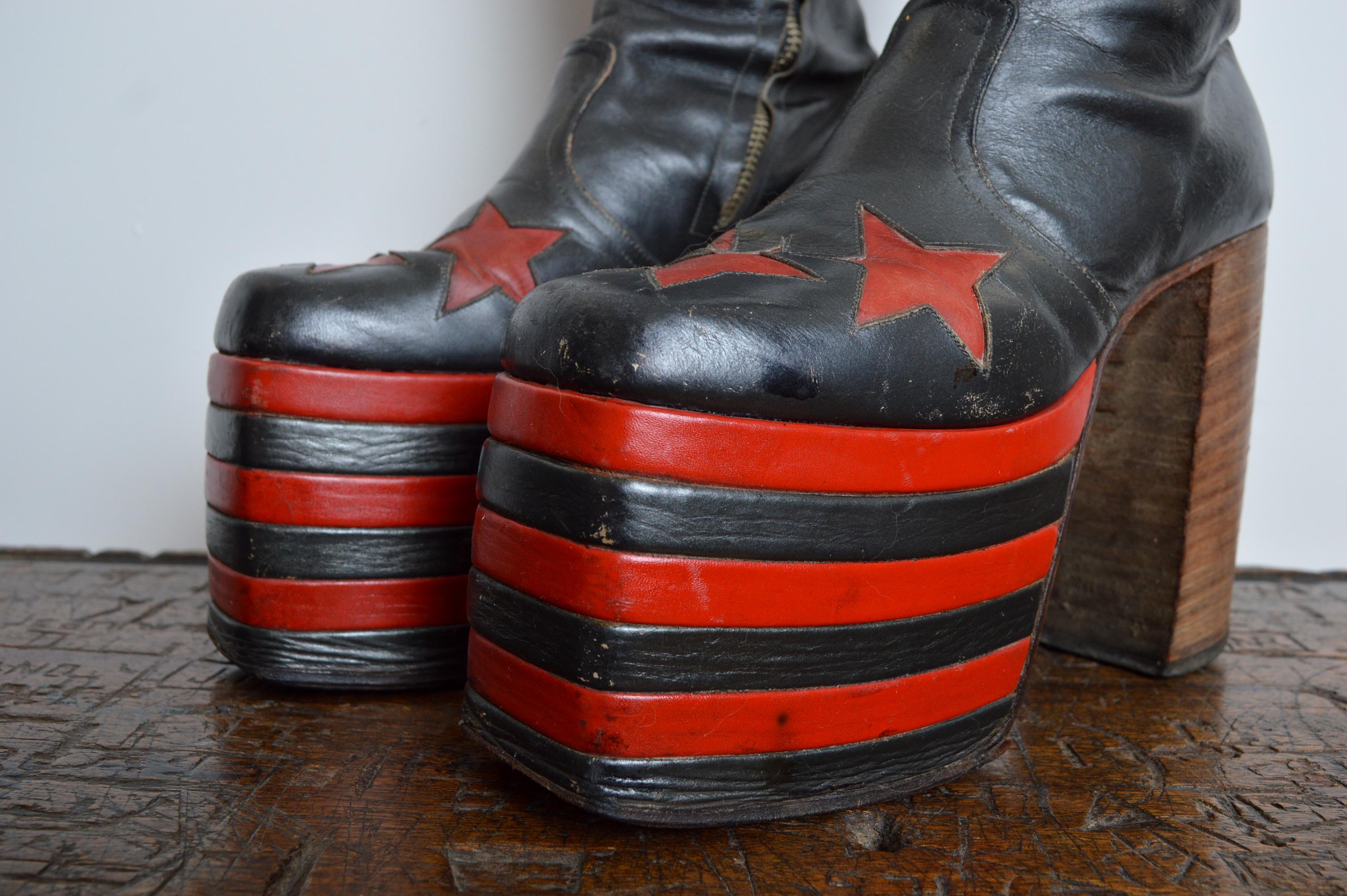 Museum Worthy 1970's Glam Rock leather Red & Black Platform Boots UK 6 / EU 39 For Sale 5