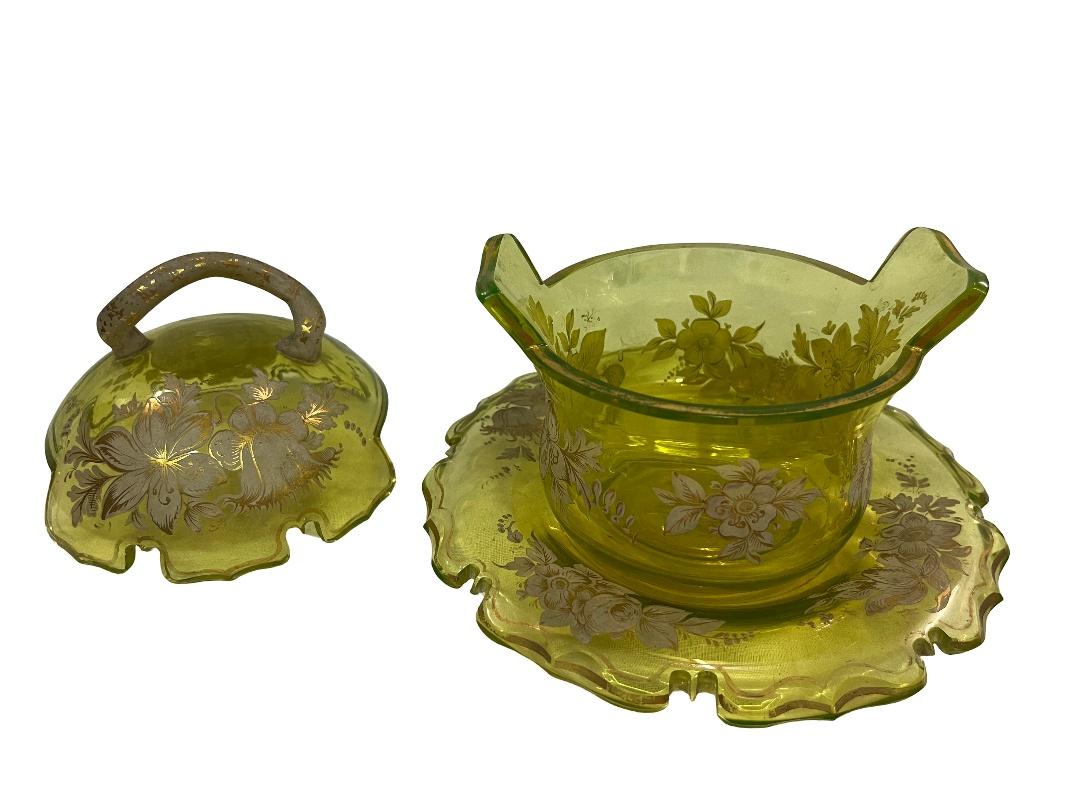 Czech Museum worthy 3-piece rare uranium glass hand-painted, Biedermeier 1840s Bohemia For Sale