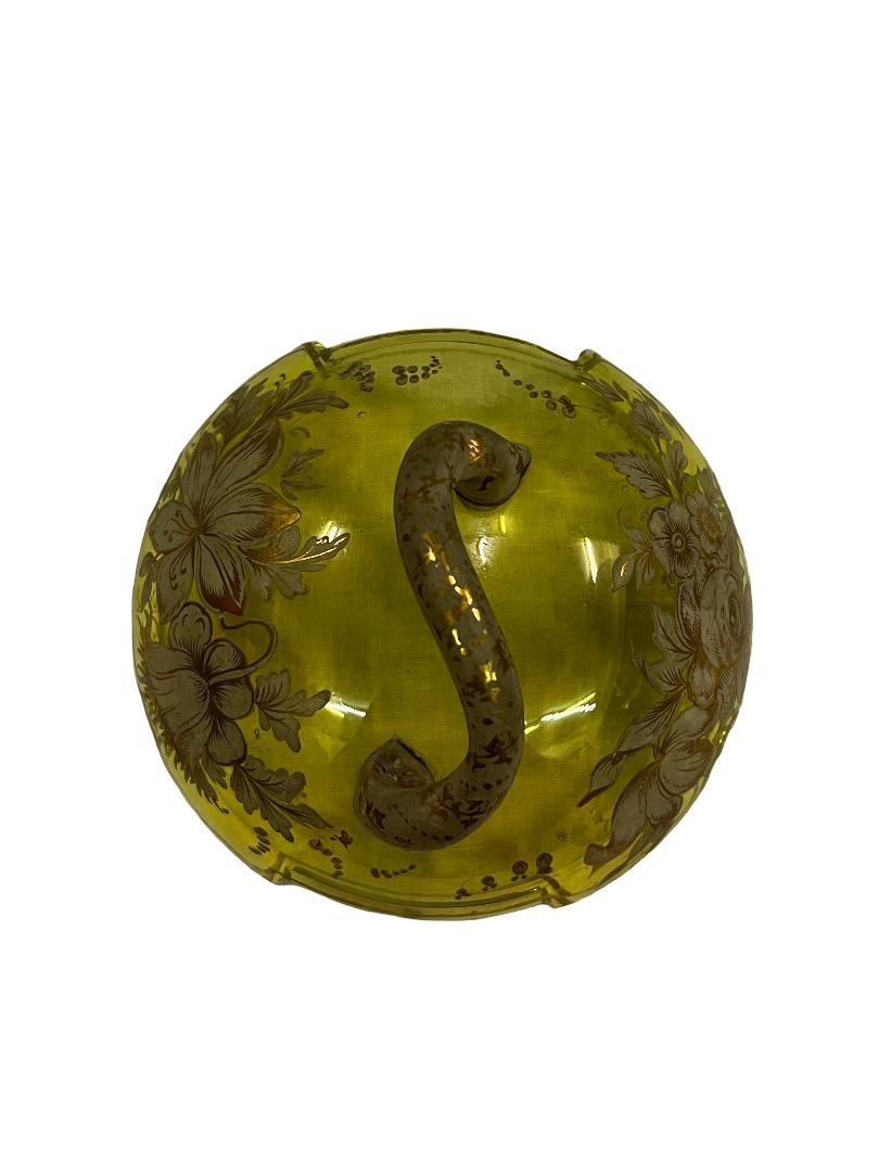 Hand-Painted Museum worthy 3-piece rare uranium glass hand-painted, Biedermeier 1840s Bohemia For Sale