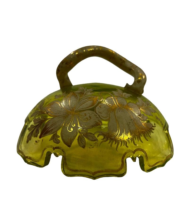 Museum worthy 3-piece rare uranium glass hand-painted, Biedermeier 1840s Bohemia In Excellent Condition For Sale In Wien, AT