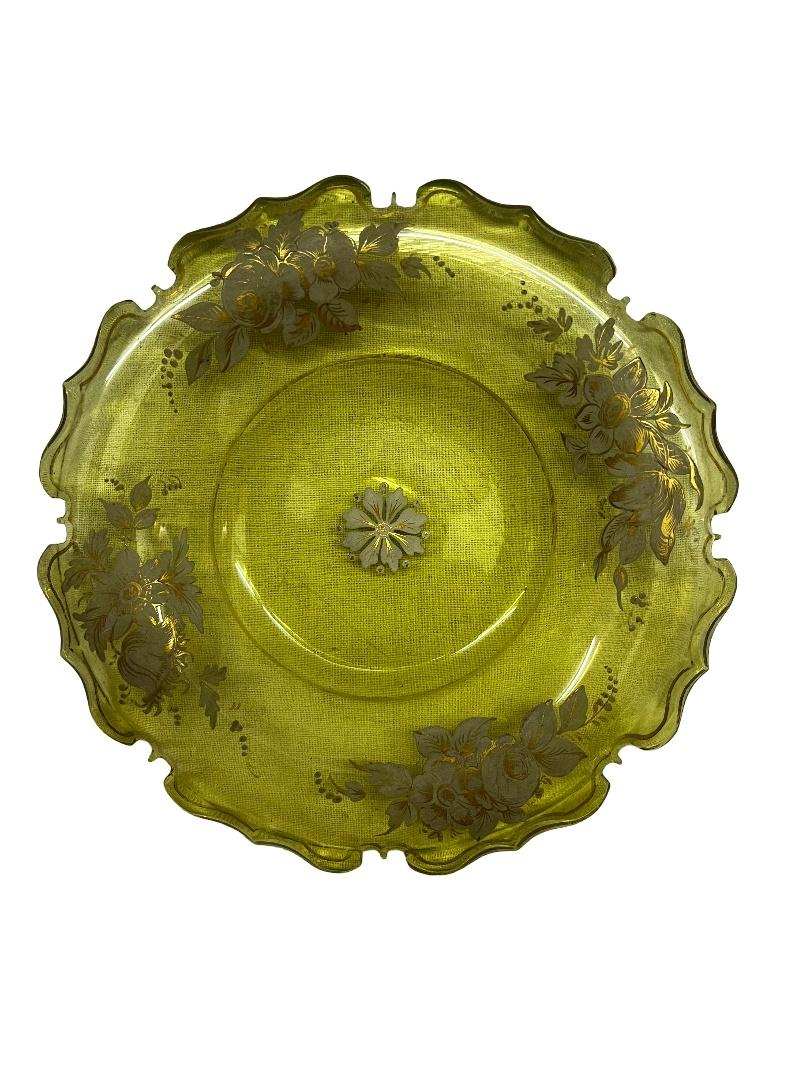 Mid-19th Century Museum worthy 3-piece rare uranium glass hand-painted, Biedermeier 1840s Bohemia For Sale