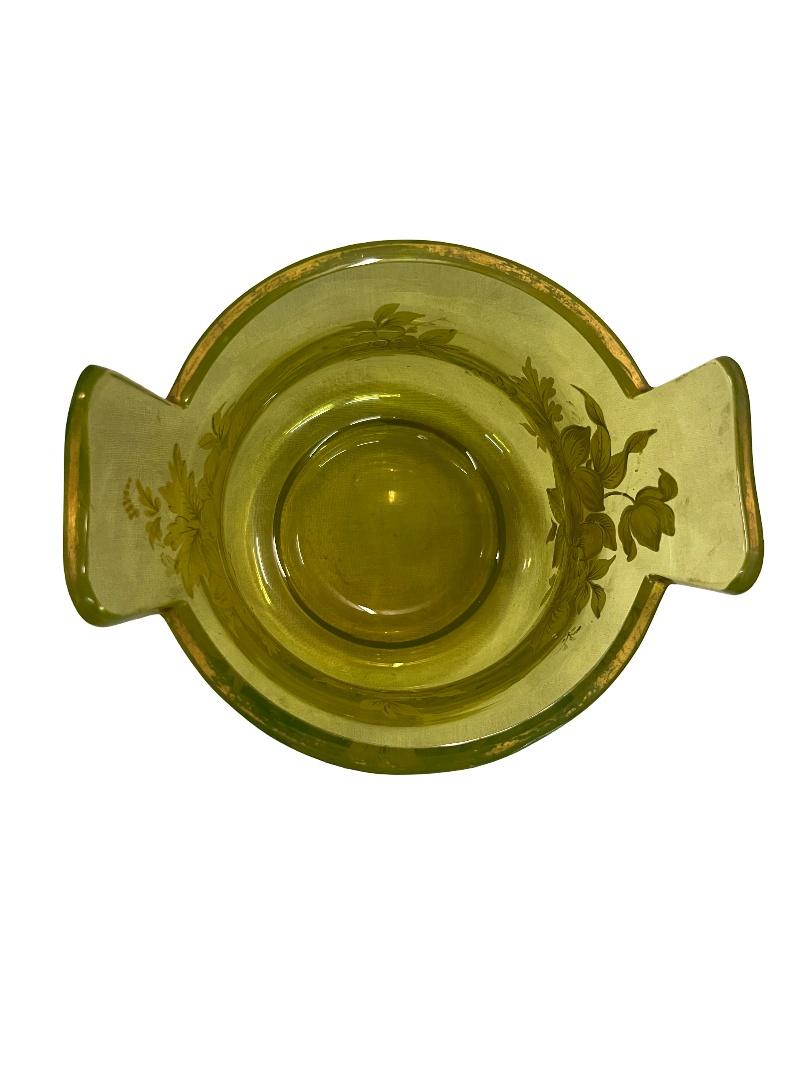Uranium Glass Museum worthy 3-piece rare uranium glass hand-painted, Biedermeier 1840s Bohemia For Sale