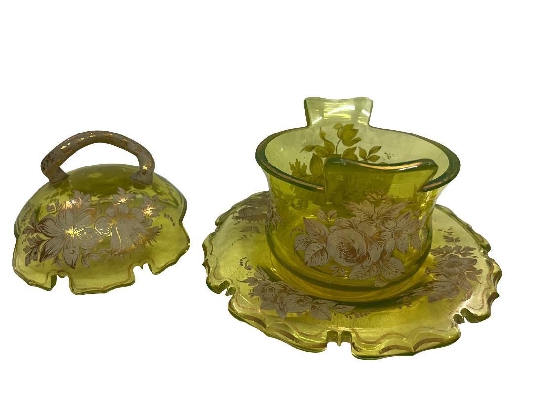 Museum worthy 3-piece rare uranium glass hand-painted, Biedermeier 1840s Bohemia For Sale 1