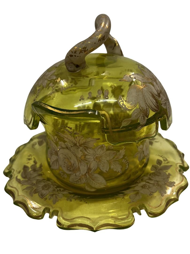 Museum worthy 3-piece rare uranium glass hand-painted, Biedermeier 1840s Bohemia For Sale 2