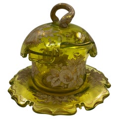Museum worthy 3-piece rare uranium glass hand-painted, Biedermeier 1840s Bohemia
