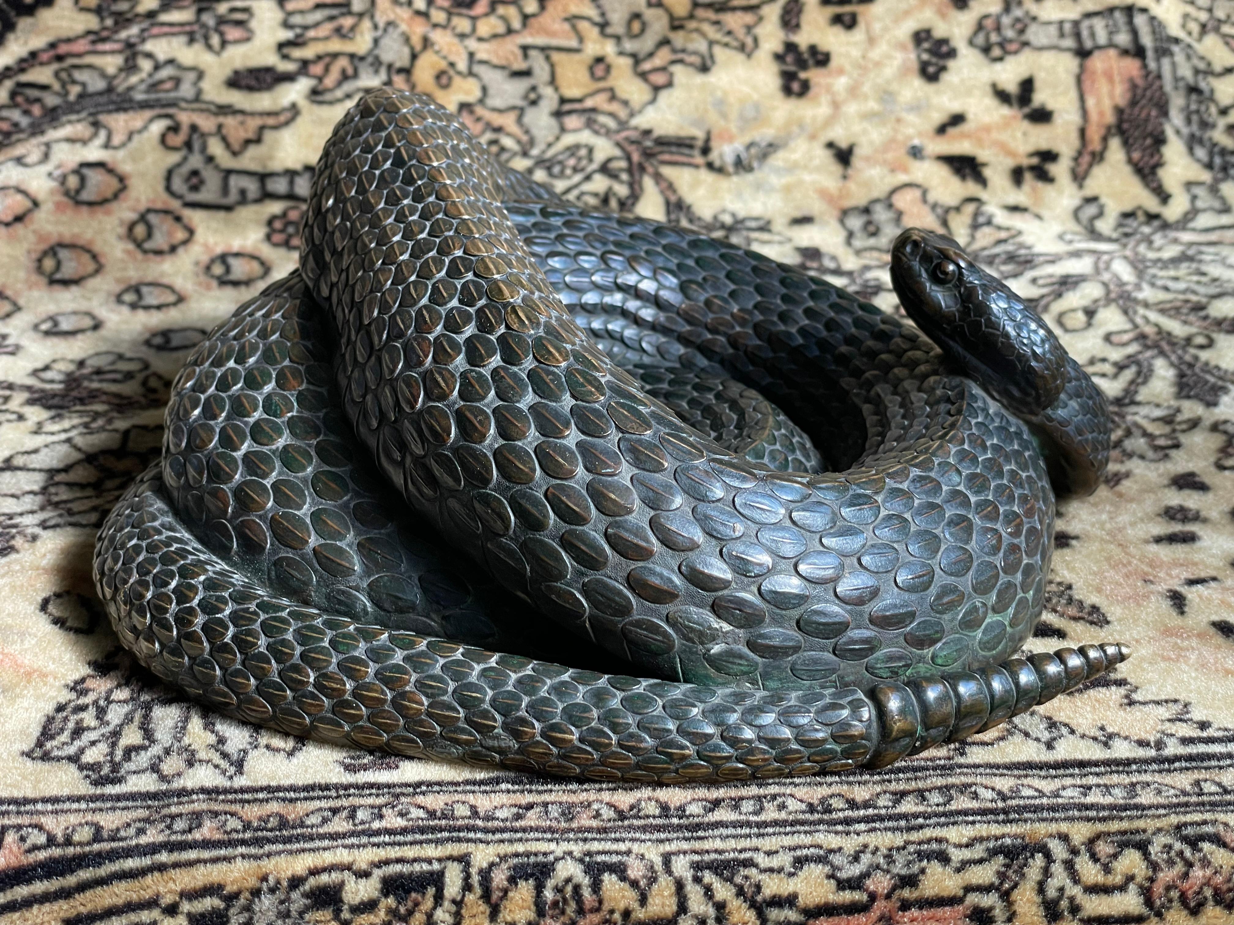 Museum Worthy Antique Bronze Coiled Rattlesnake Sculpture Signed & Marked 1885  For Sale 6