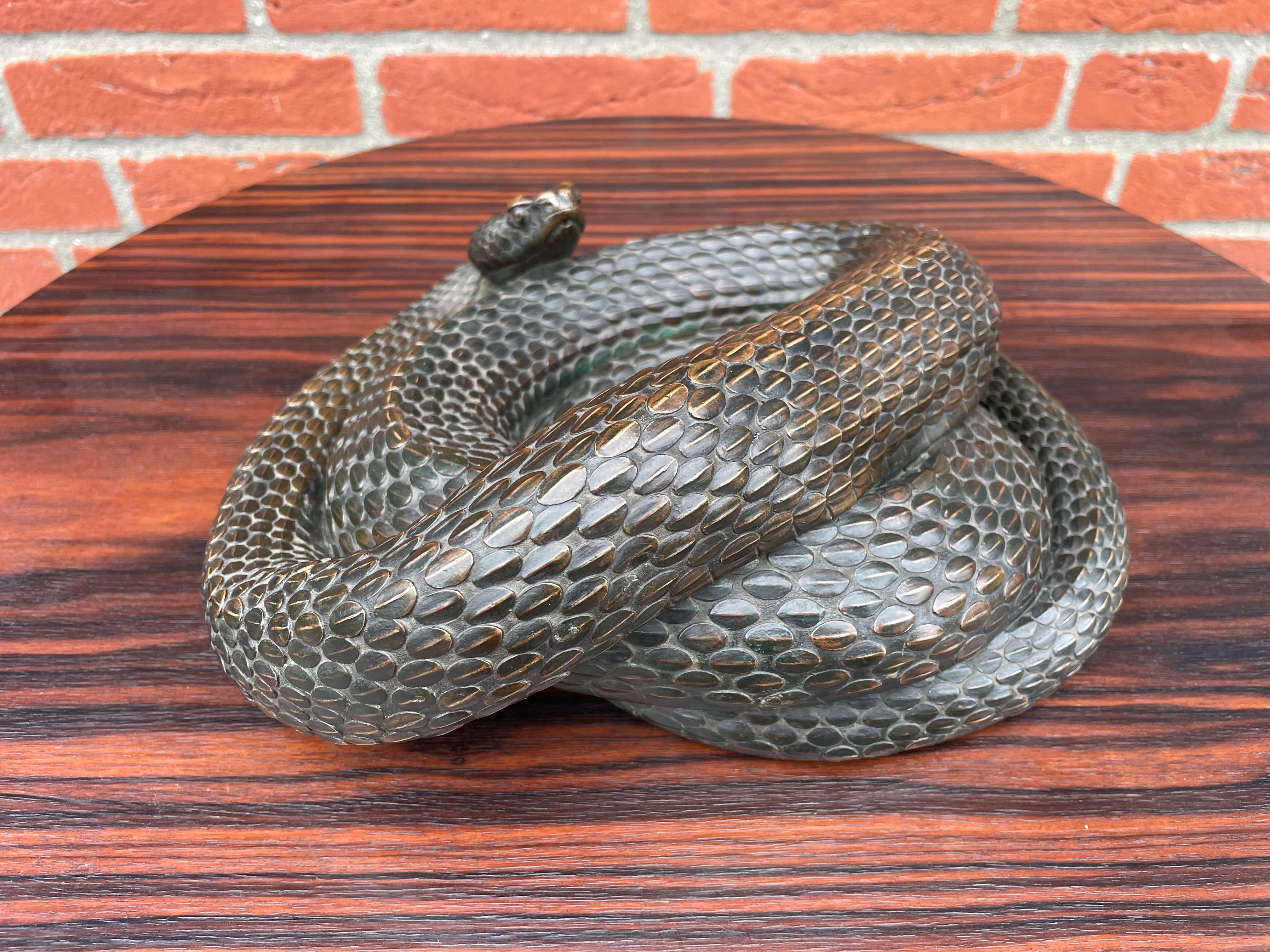 Museum Worthy Antique Bronze Coiled Rattlesnake Sculpture Signed & Marked 1885  For Sale 9