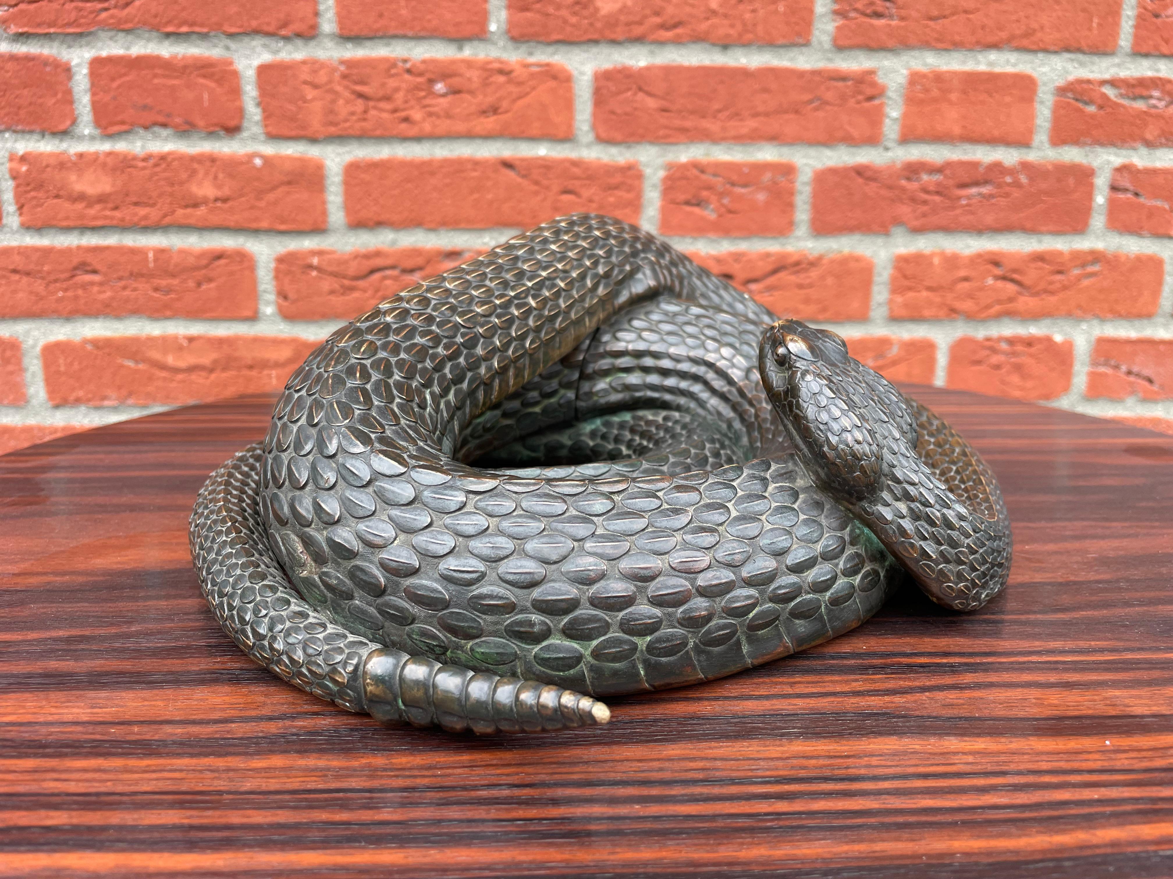 Arts and Crafts Museum Worthy Antique Bronze Coiled Rattlesnake Sculpture Signed & Marked 1885  For Sale