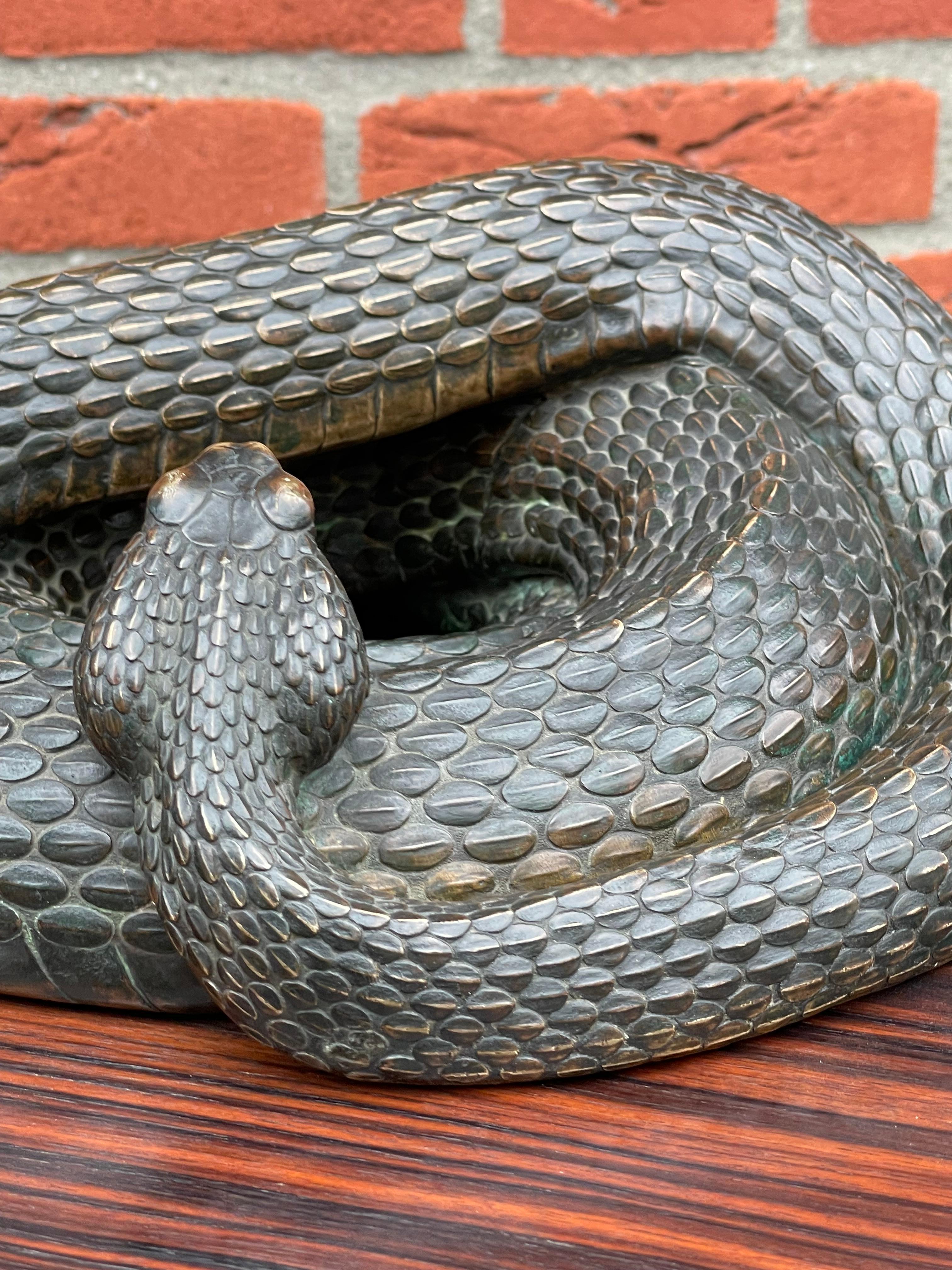 Cast Museum Worthy Antique Bronze Coiled Rattlesnake Sculpture Signed & Marked 1885  For Sale