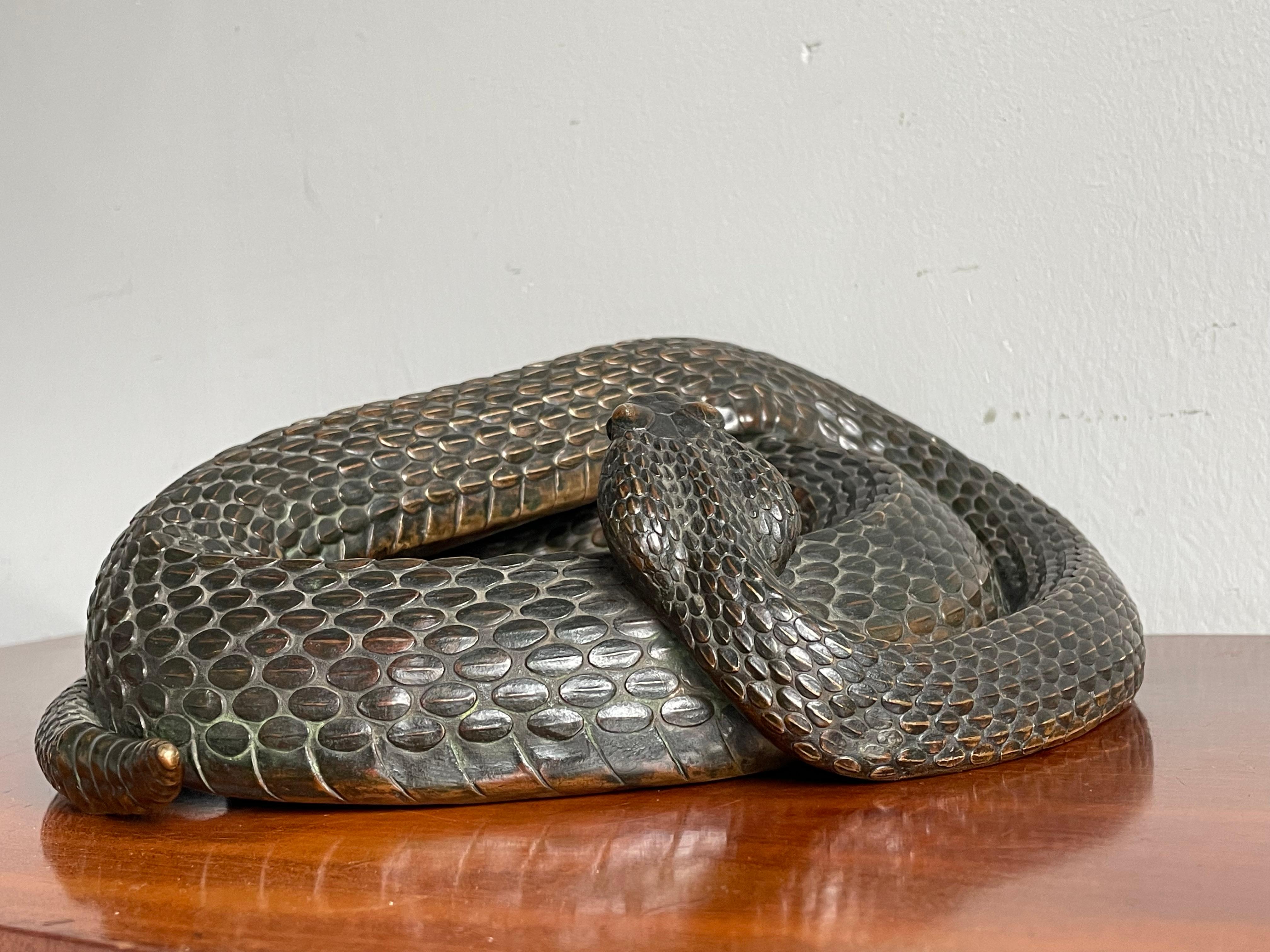 Museum Worthy Antique Bronze Coiled Rattlesnake Sculpture Signed & Marked 1885  For Sale 1