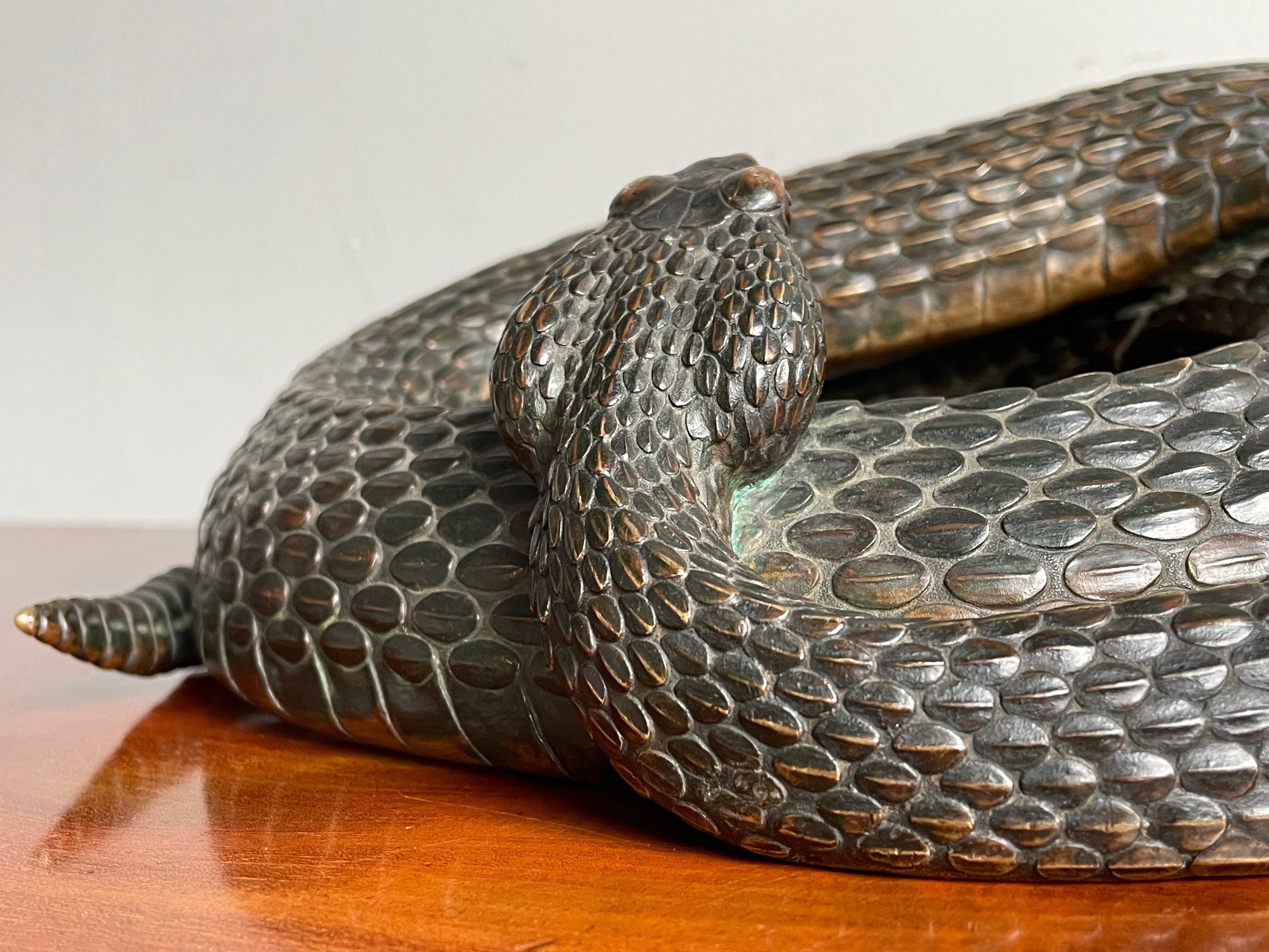 Museum Worthy Antique Bronze Coiled Rattlesnake Sculpture Signed & Marked 1885  For Sale 2