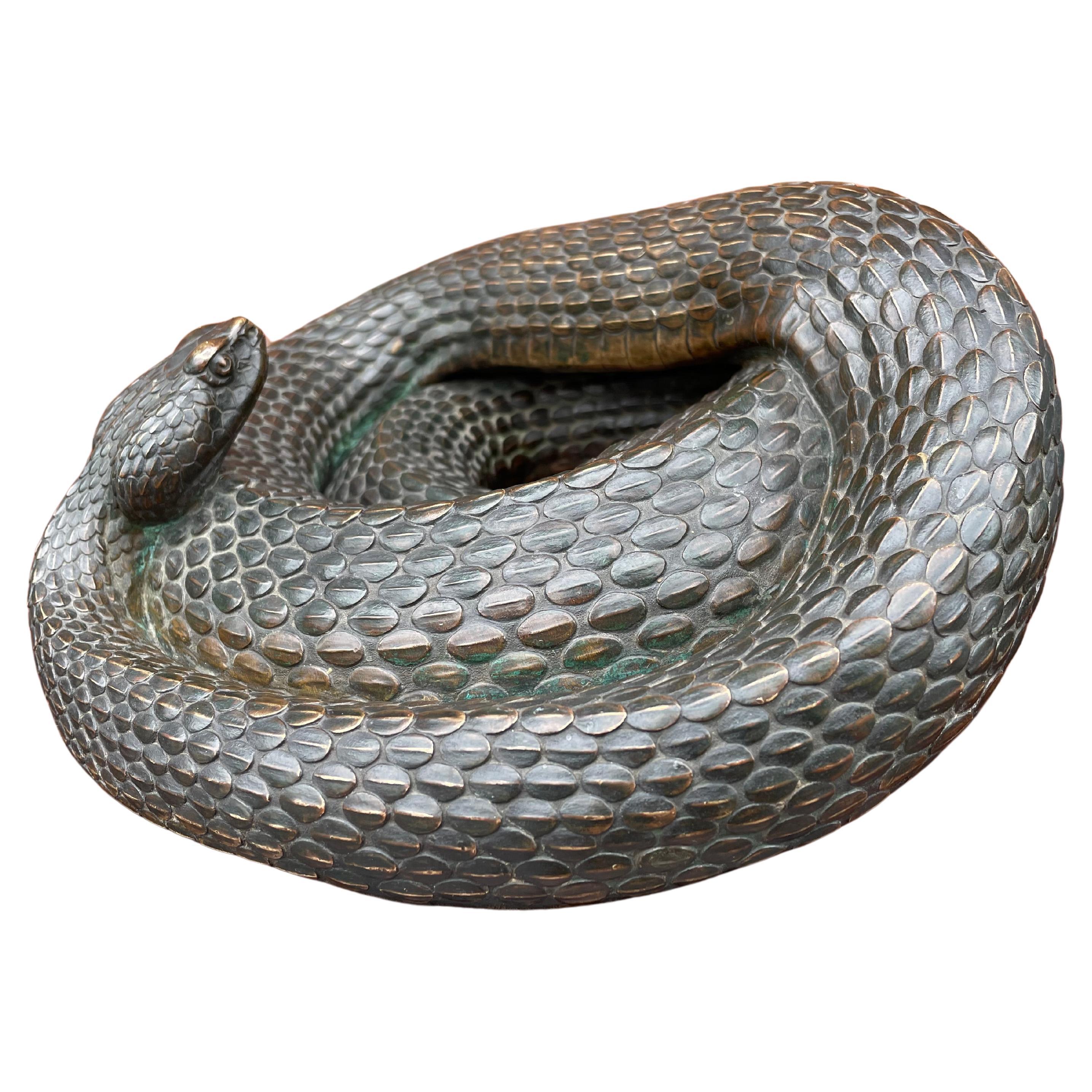 Museum Worthy Antique Bronze Coiled Rattlesnake Sculpture Signed & Marked 1885  For Sale
