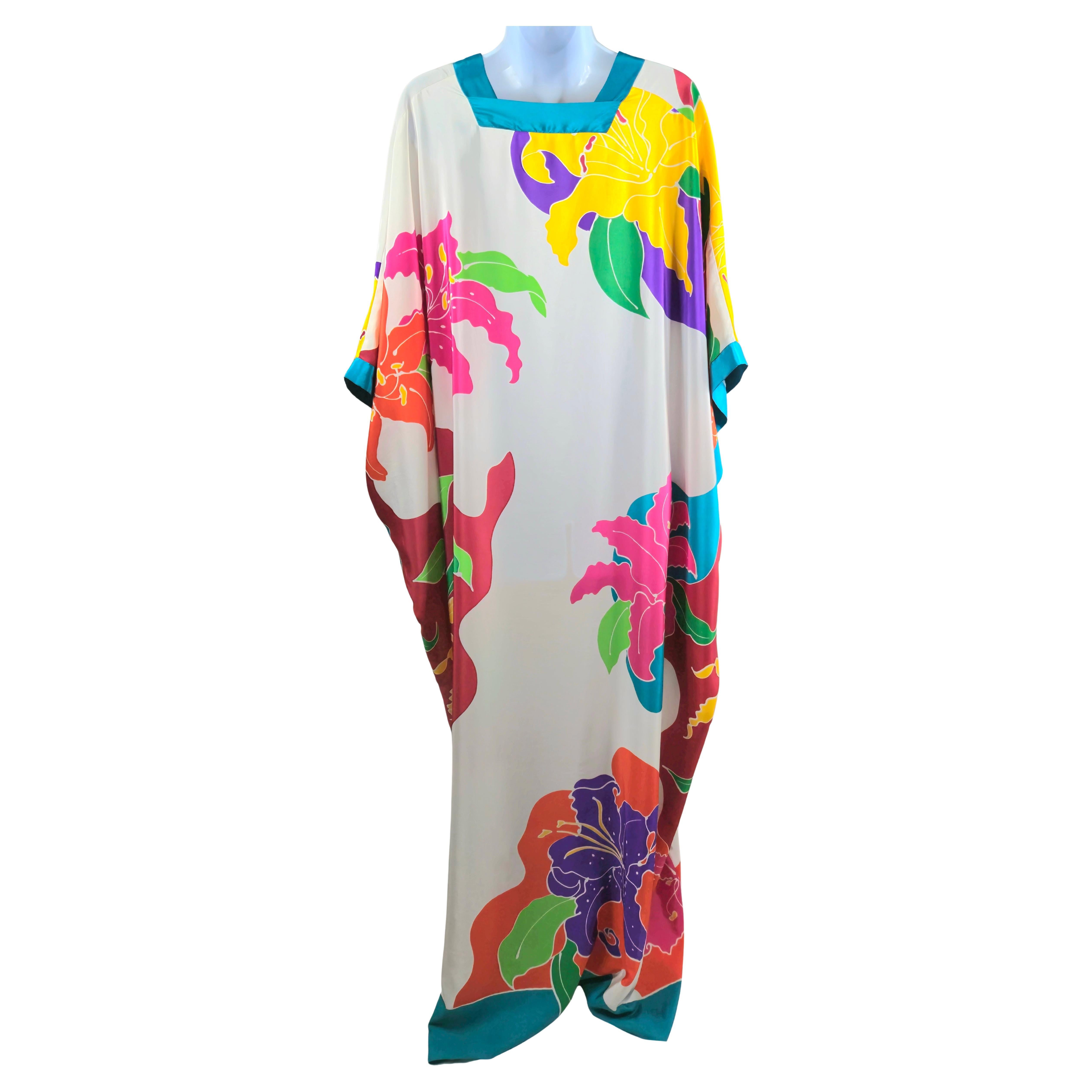 Beige OscarDeLaRenta 1982 MuseumShown Handpainted Floral Abstract CrepeDeChine Caftan For Sale