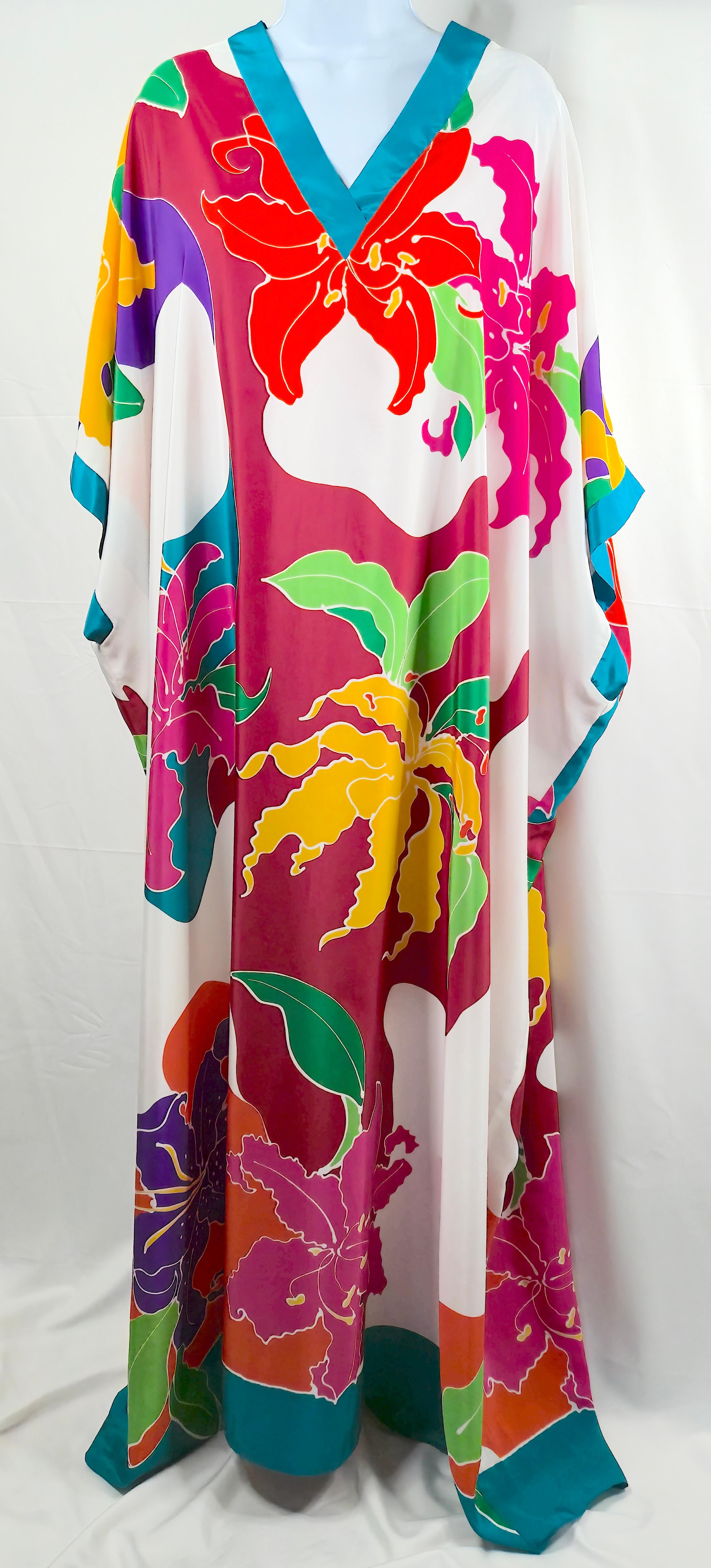Women's or Men's OscarDeLaRenta 1982 MuseumShown Handpainted Floral Abstract CrepeDeChine Caftan For Sale