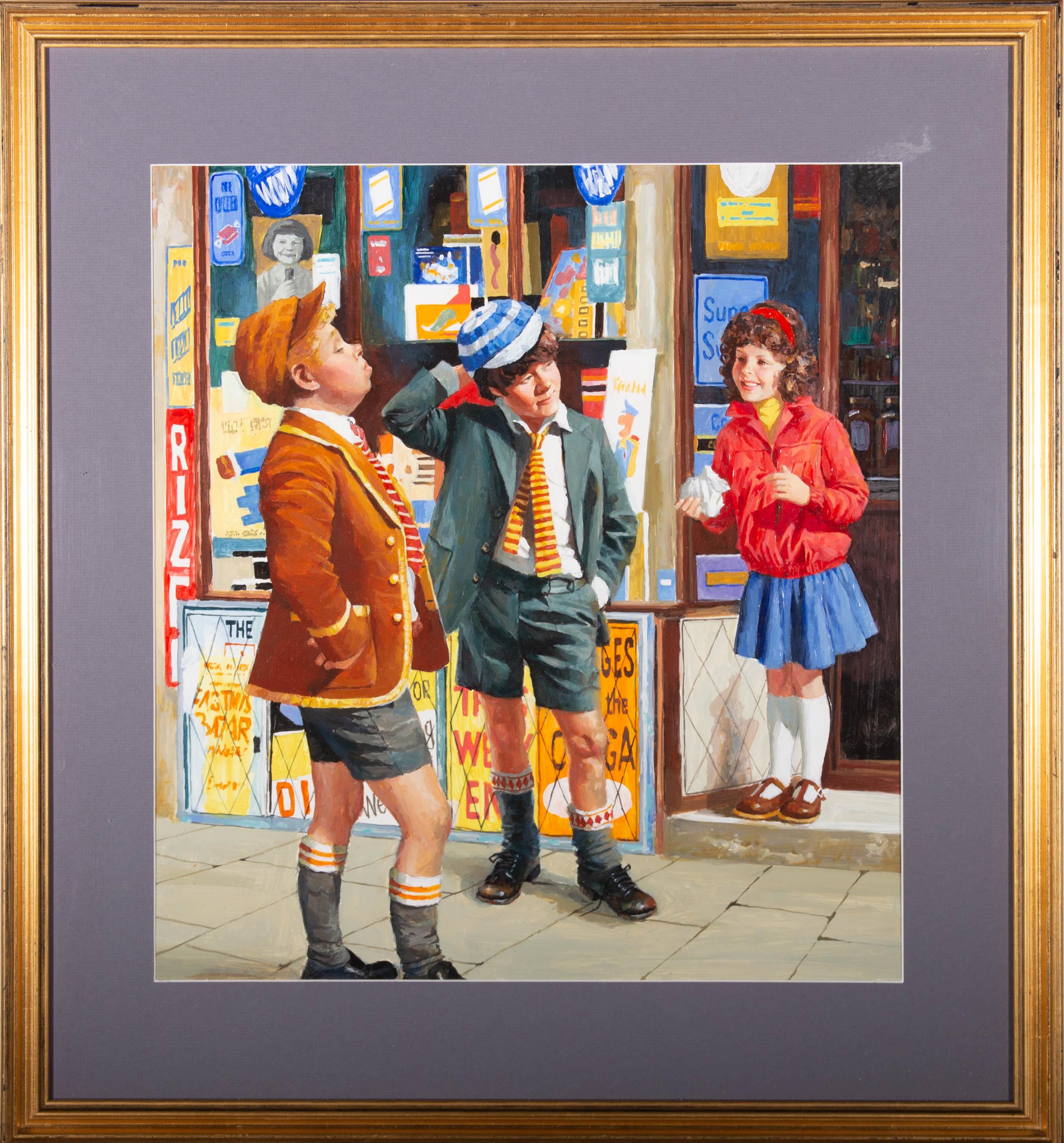 A vibrant acrylic painting, depicting three characters from the series Just William - William Brown, Ginger Flowerdew and Violet-Elizabeth Bott. Unsigned. Artist's name and date inscribed behind backboard, ‘Musgrave 23rd October, 2007'. Presented in