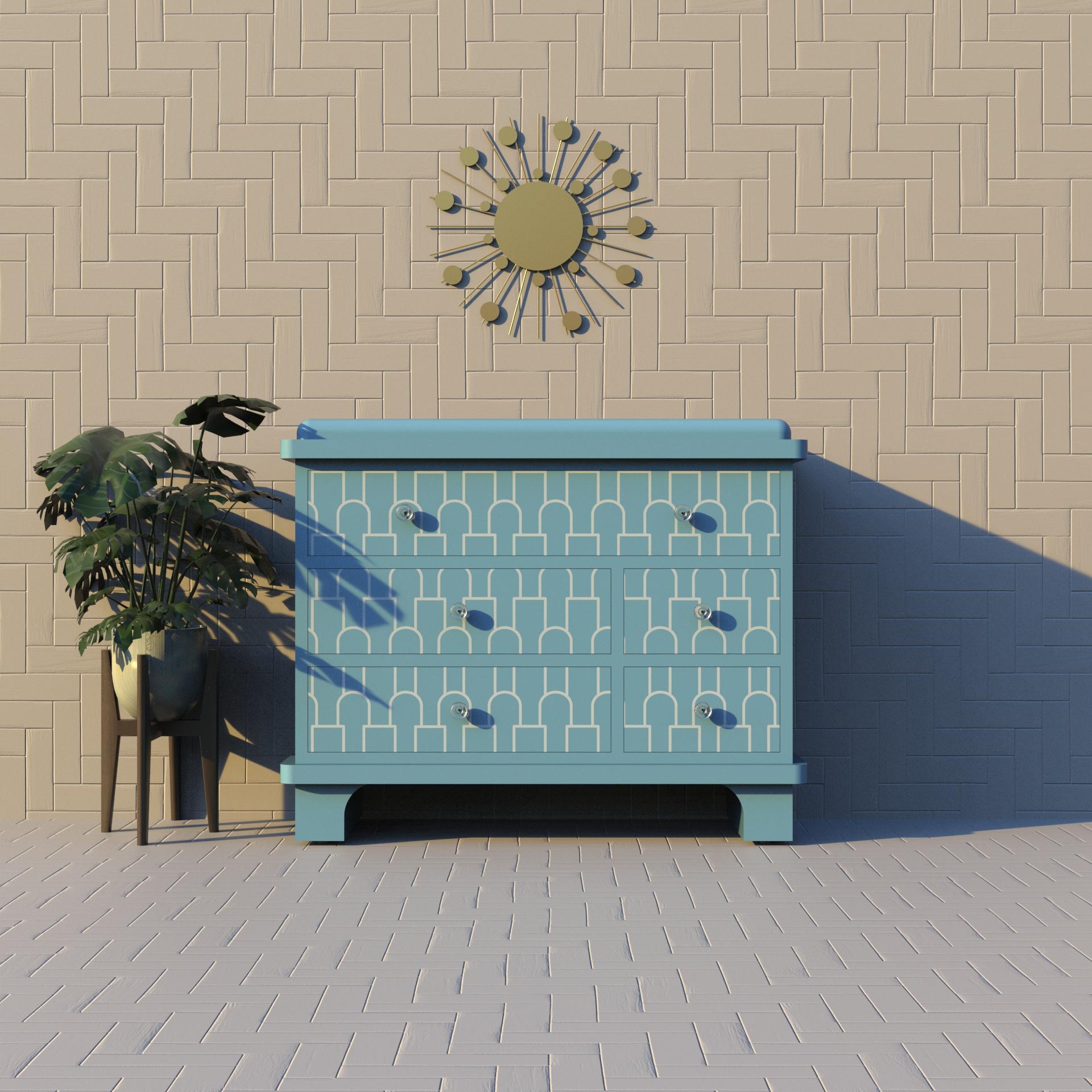 Cassettiera blu con intarsio Mush - Eleganza artigianale per la tua casa
Aggiungi un tocco di artigianato senza tempo al tuo spazio con la nostra cassettiera artigianale con intarsio Mush. Realizzato meticolosamente a mano da abili artigiani, questo