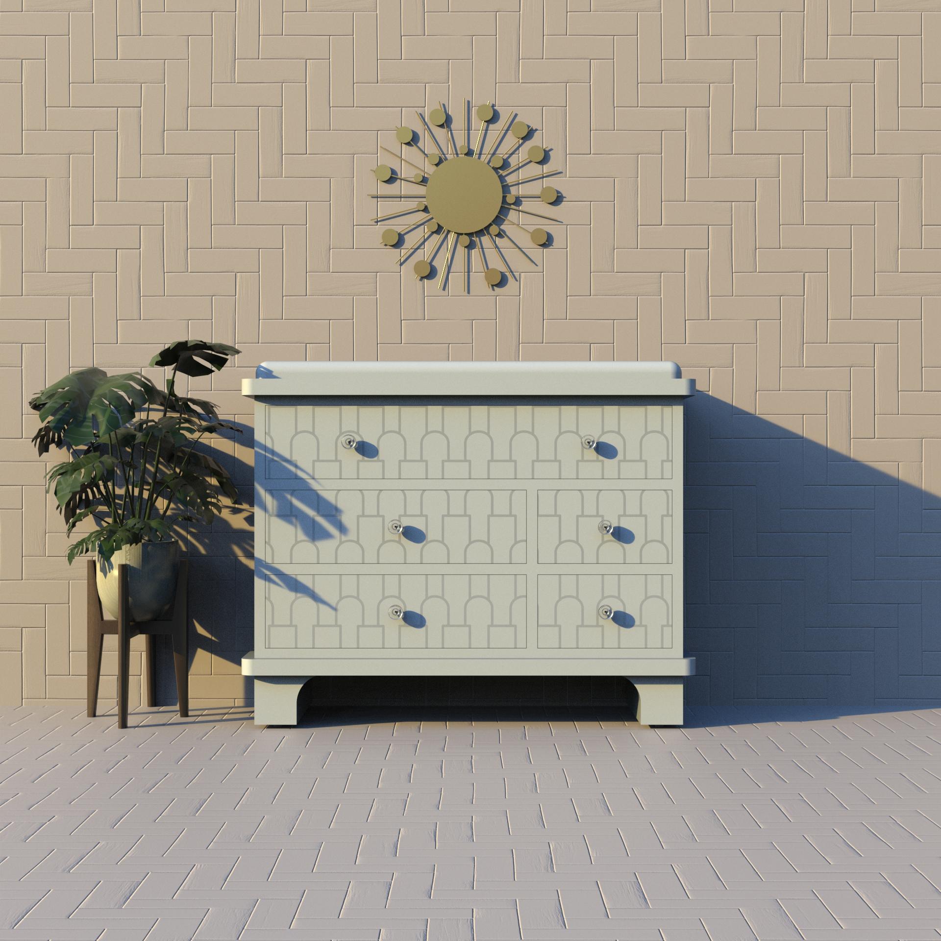 Weiße Kommode mit Mush-Inlay - Handgefertigte Eleganz für Ihr Zuhause
Verleihen Sie Ihrem Raum einen Hauch von zeitloser Handwerkskunst mit unserer Artisanal Mush Inlay Chest of Drawers. Dieses exquisite Stück wird in sorgfältiger Handarbeit von