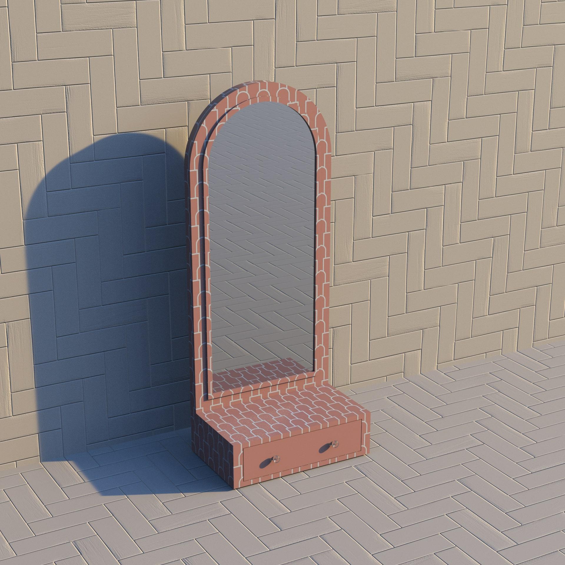 Art Deco Mush Pink Floor Mirror with Drawer For Sale