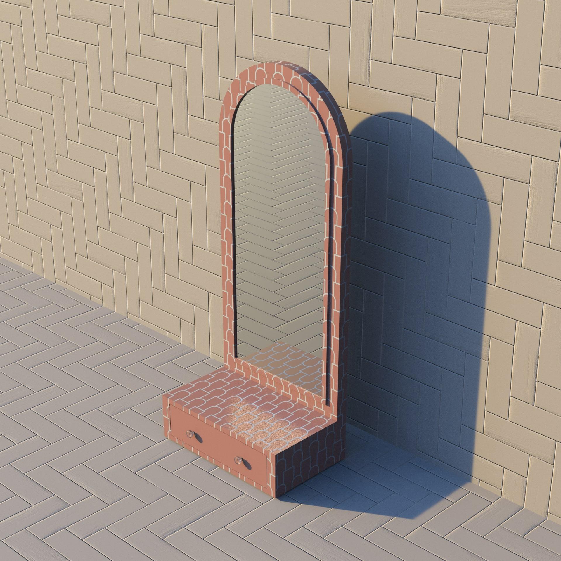 Inlay Mush Pink Floor Mirror with Drawer For Sale