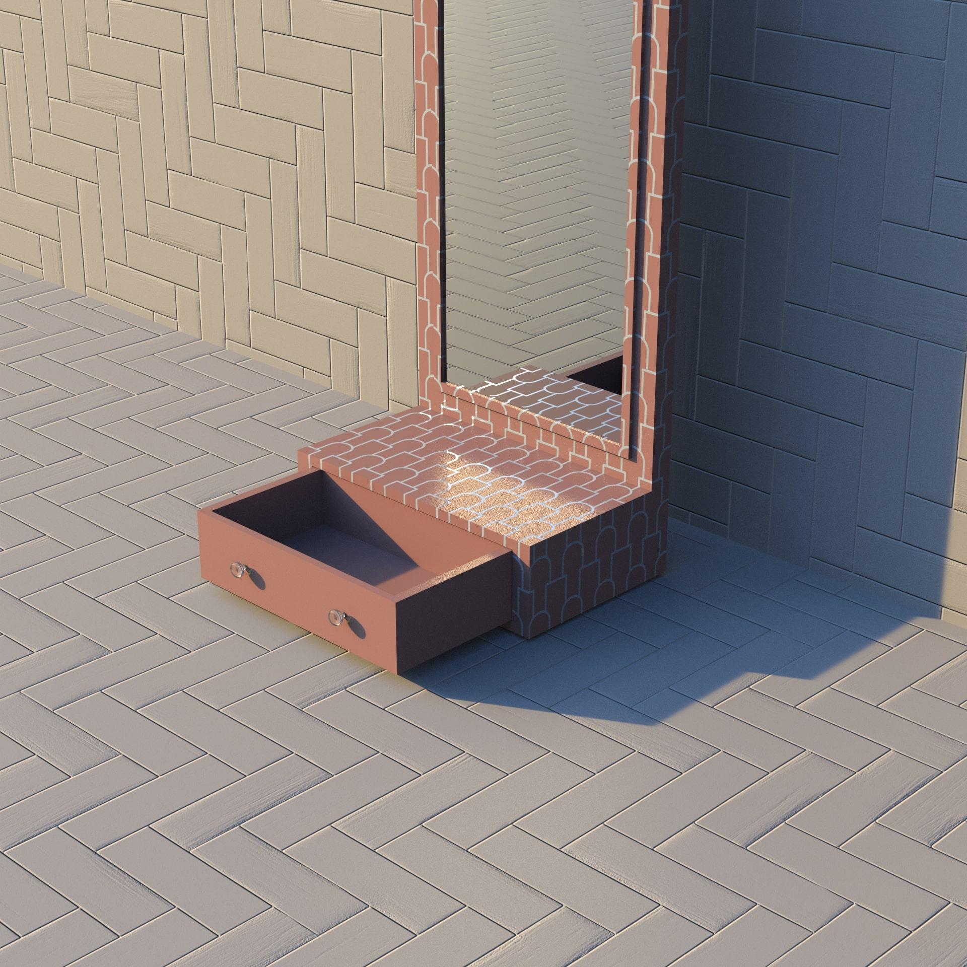 Contemporary Mush Pink Floor Mirror with Drawer For Sale