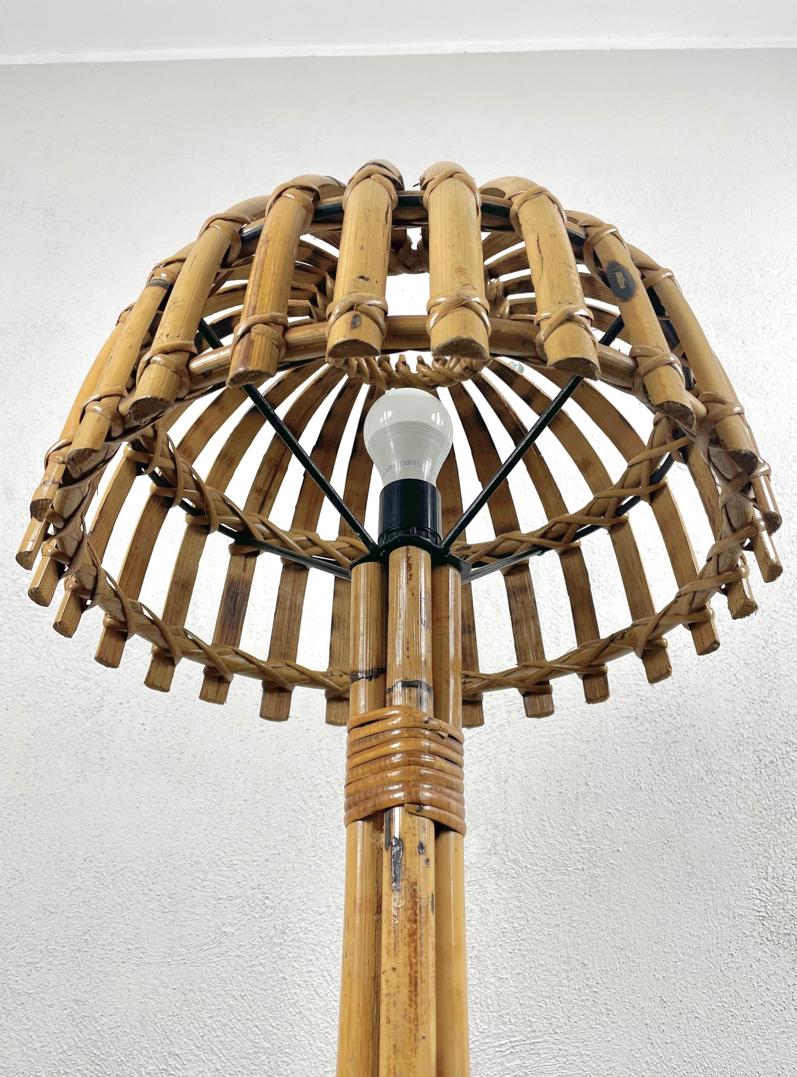 Mushroom Bamboo & Rattan Table Lamp Louis Sognot Style, France, 1960s 9