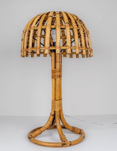 Mushroom Bamboo & Rattan Table Lamp Louis Sognot Style, France, 1960s
