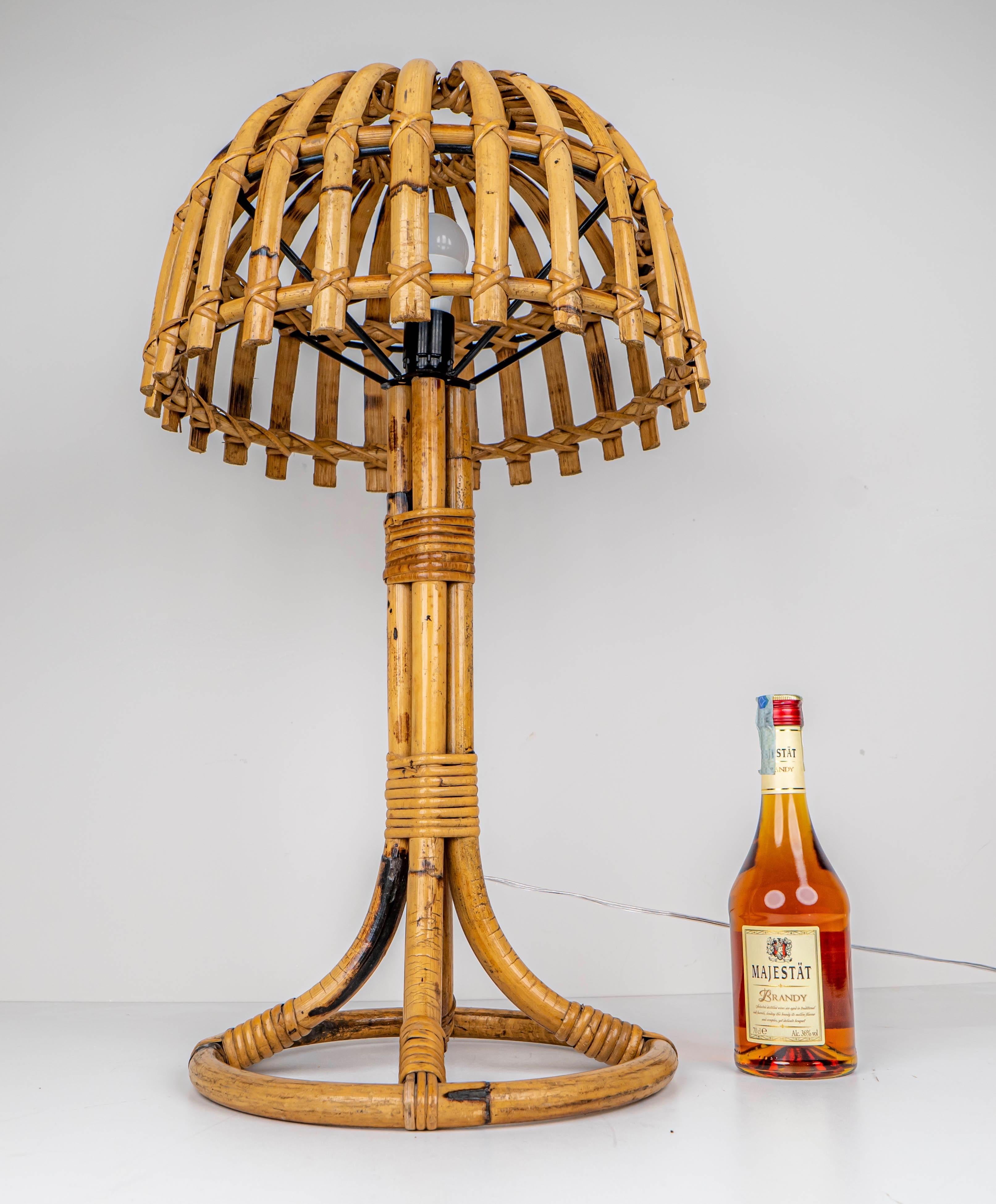 Mid-Century Modern Mushroom Bamboo & Rattan Table Lamp Louis Sognot Style, France, 1960s