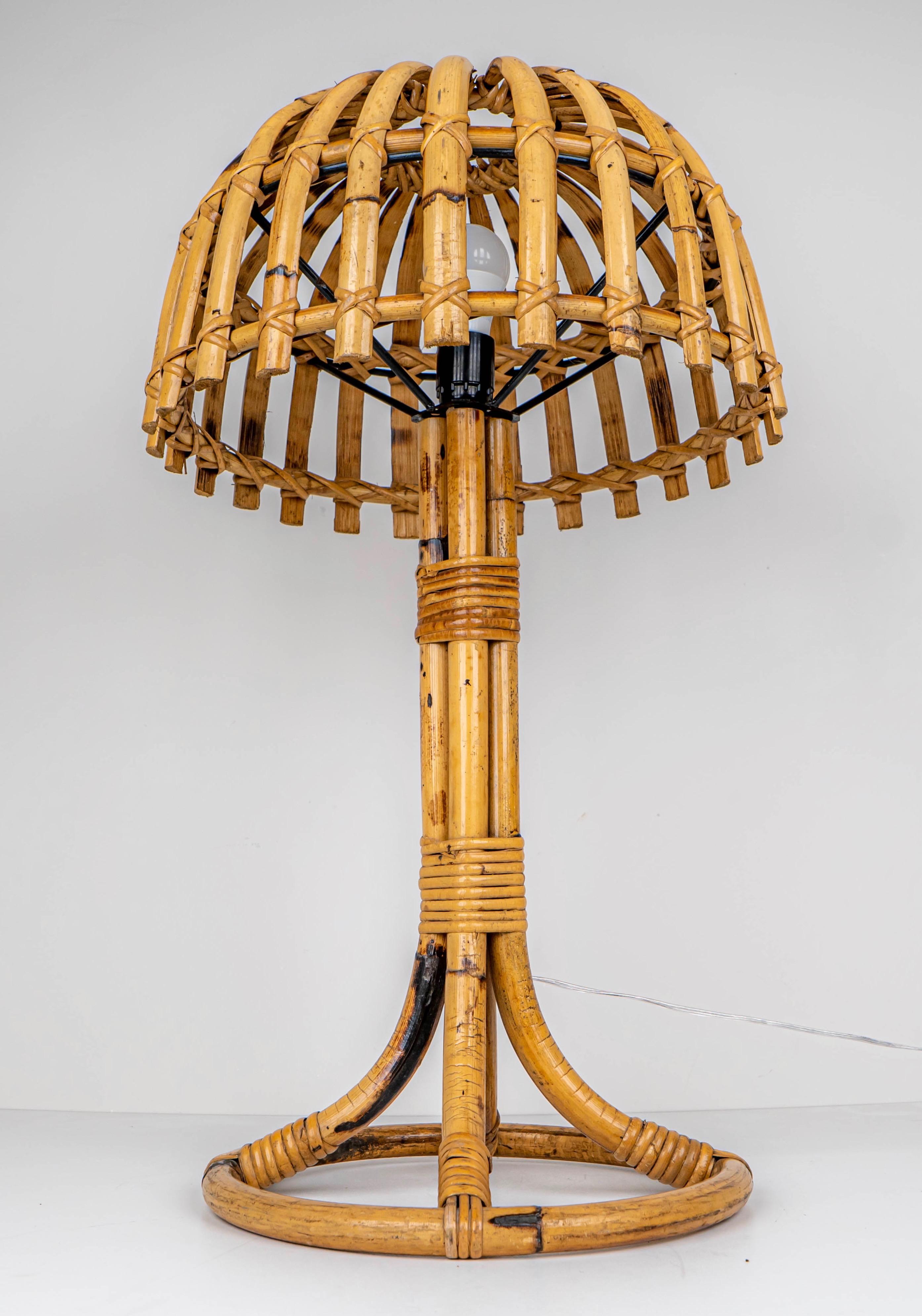 French Mushroom Bamboo & Rattan Table Lamp Louis Sognot Style, France, 1960s