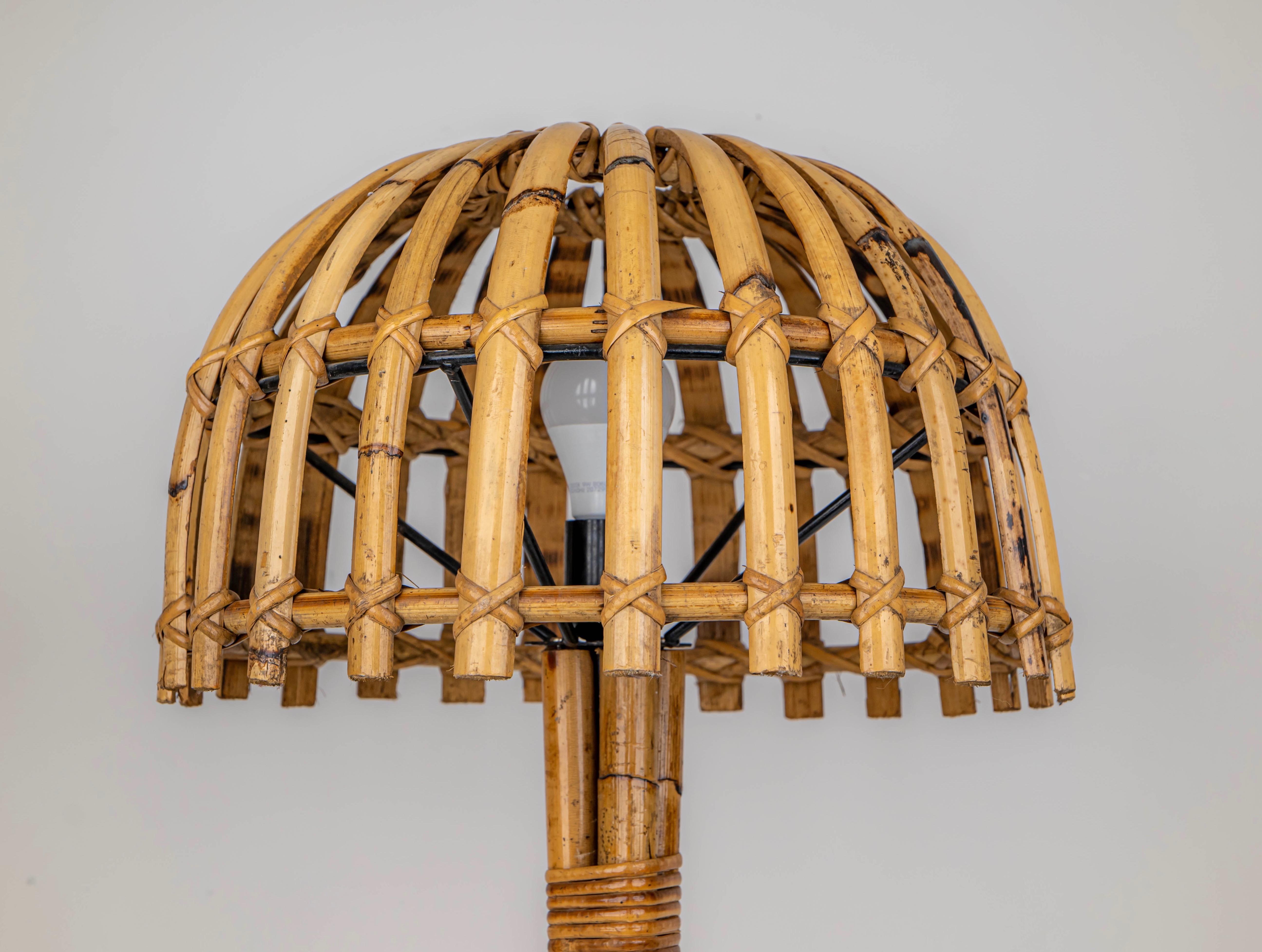 Mid-20th Century Mushroom Bamboo & Rattan Table Lamp Louis Sognot Style, France, 1960s