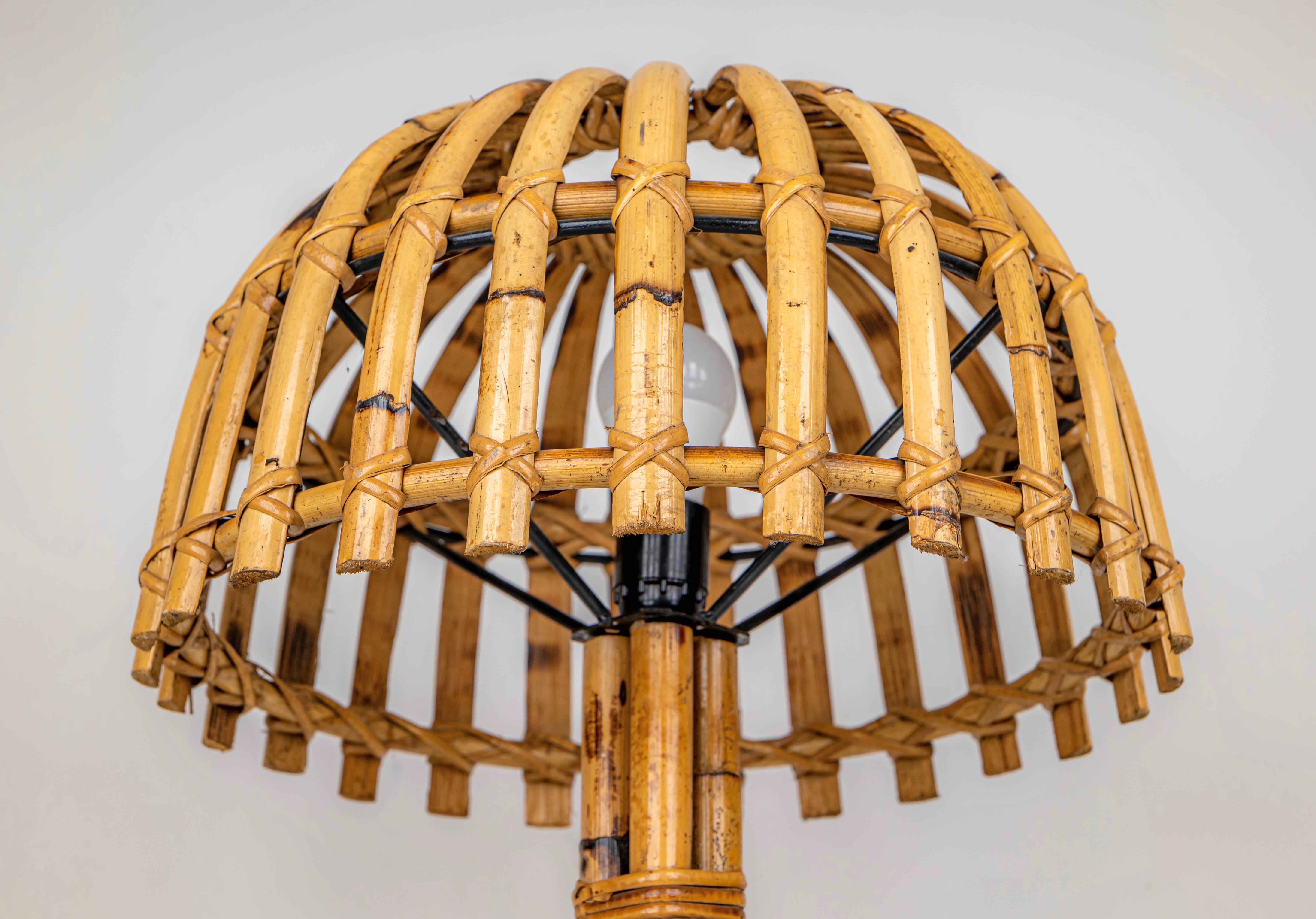 Mushroom Bamboo & Rattan Table Lamp Louis Sognot Style, France, 1960s 1